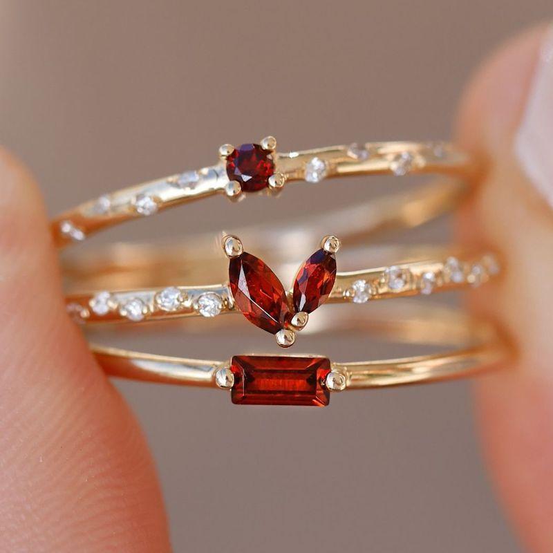 Elegant Garnet Baguette Ring - Dainty Stackable Band for Women | Perfect for Everyday Wear, Date Nights & Special Occasions