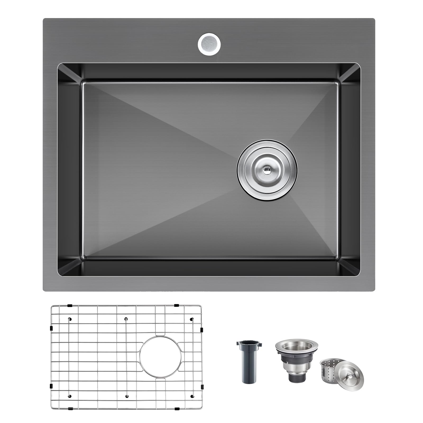 22 Inch Drop-in Black Stainless Steel Kitchen Sink - Single Bowl Topmount with Protective Grid & Basket Strainer | 304 Stainless Steel Bar Sink (22×18×9 Inch) for Modern Kitchens, Restaurants & Home Bars