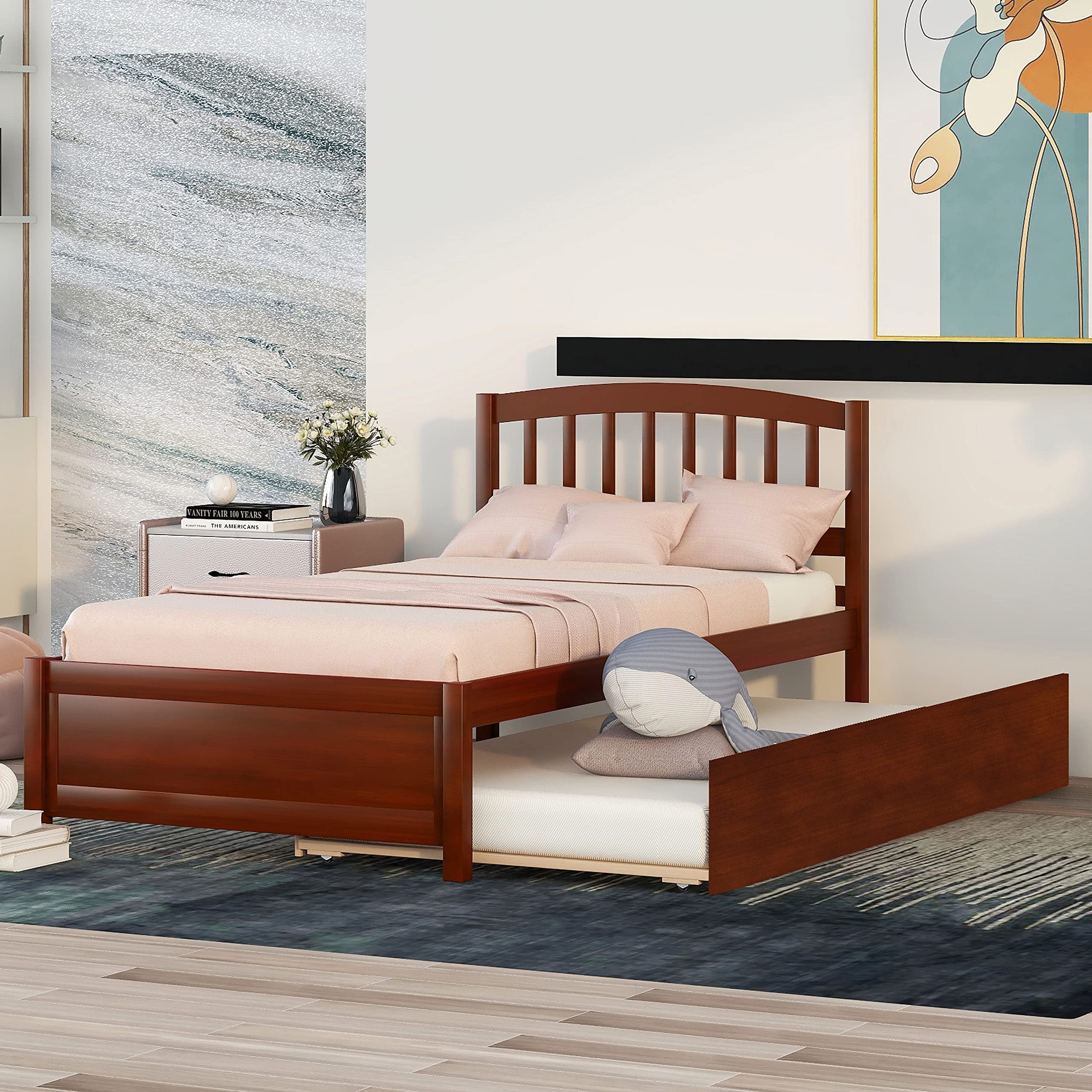 Harper & Bright Designs Solid Pine Wood Platform Bed with Trundle - Twin Size Bed Frame with Headboard for Kids, Teens & Adults - No Box Spring Needed (Walnut) - Perfect for Guest Rooms, Kids' Bedrooms & Small Spaces