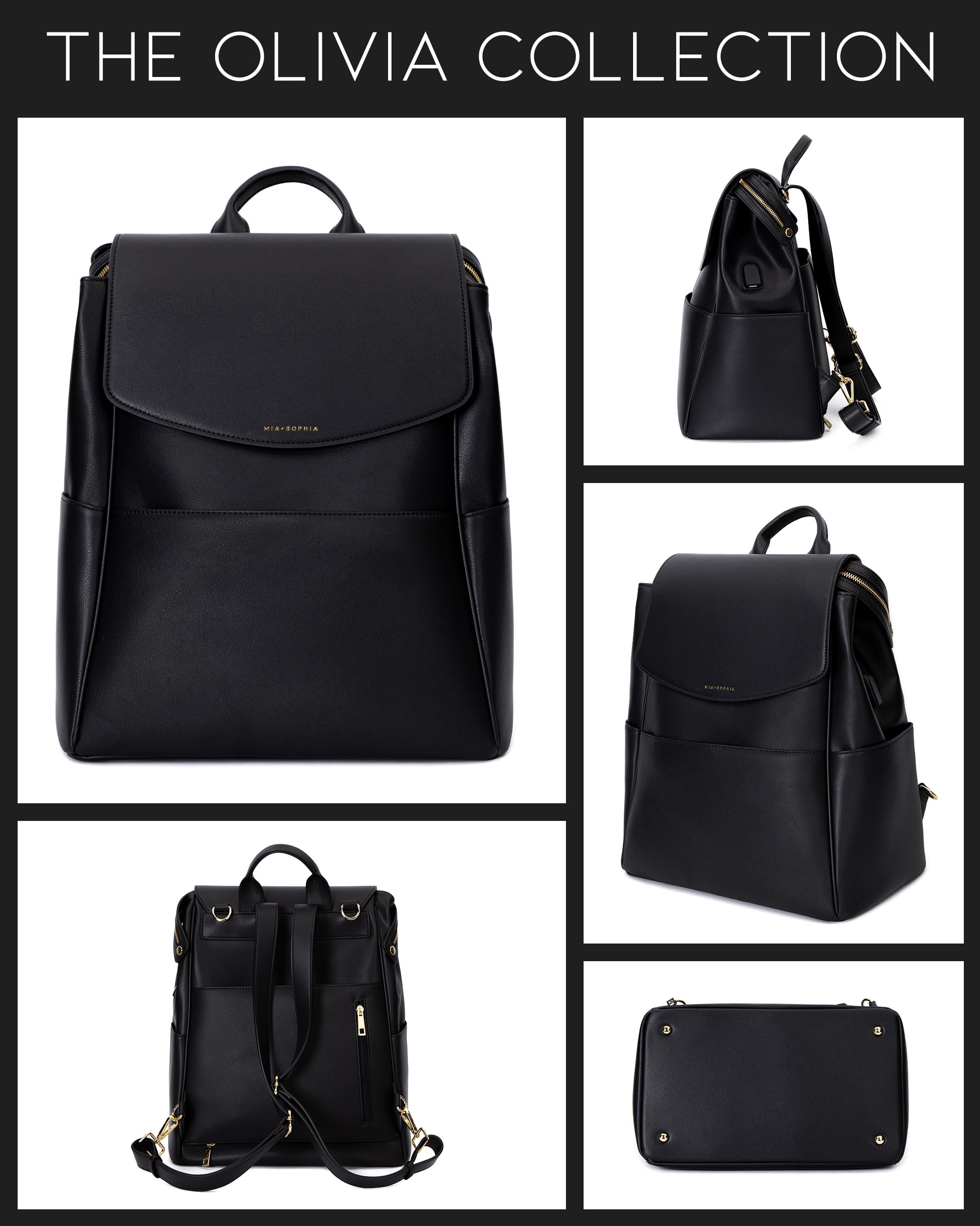 Premium Leather Diaper Bag Backpack with USB Charging Port, Insulated Bottle Pocket & Stroller Straps - Includes Changing Pad - Perfect for Baby Essentials Organization (Black Olivia) - Ideal for Travel, Daycare & On-the-Go Parents