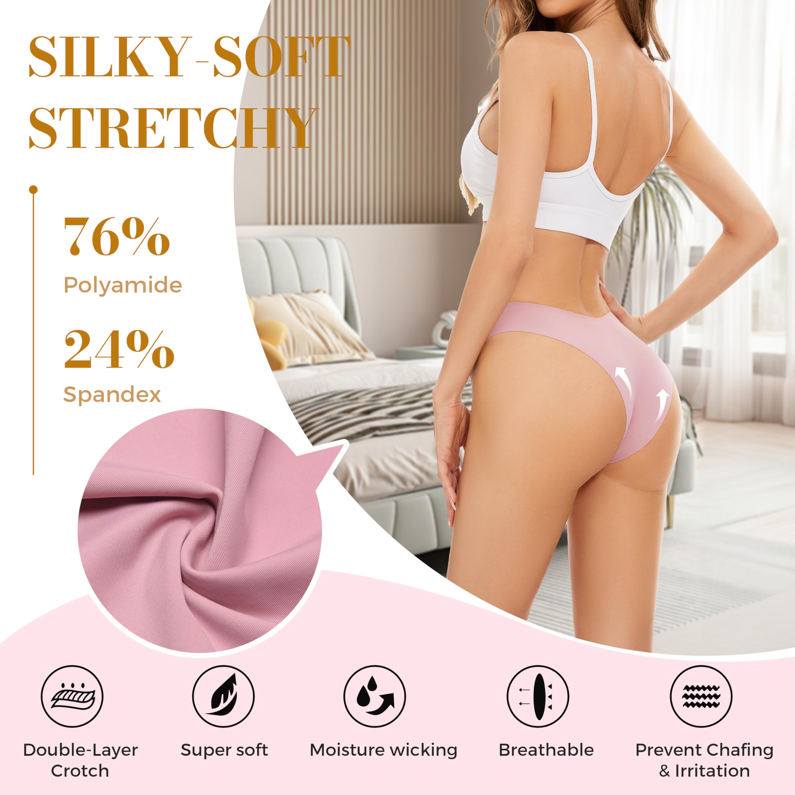 Breathable Seamless Cheeky Underwear for Women - Stretch V-Waist No Show Bikini Panties, Invisible Hipster Underwear (6-Pack, S-XL) - Perfect for Yoga, Workout & Everyday Comfort