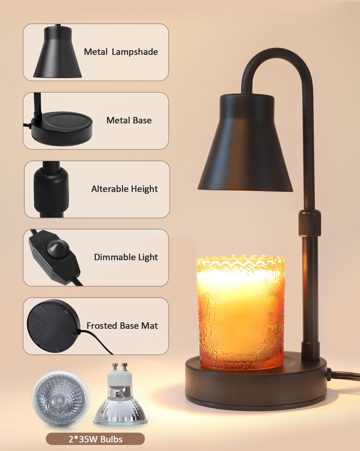 2 Pack Adjustable Height Candle Warmer Lamp with Stepless Dimming - Flameless Jar Candle Warmer with 2 Bulbs, Perfect for Home, Office, Spa & Gifts for Mom, Women, Valentine's Day