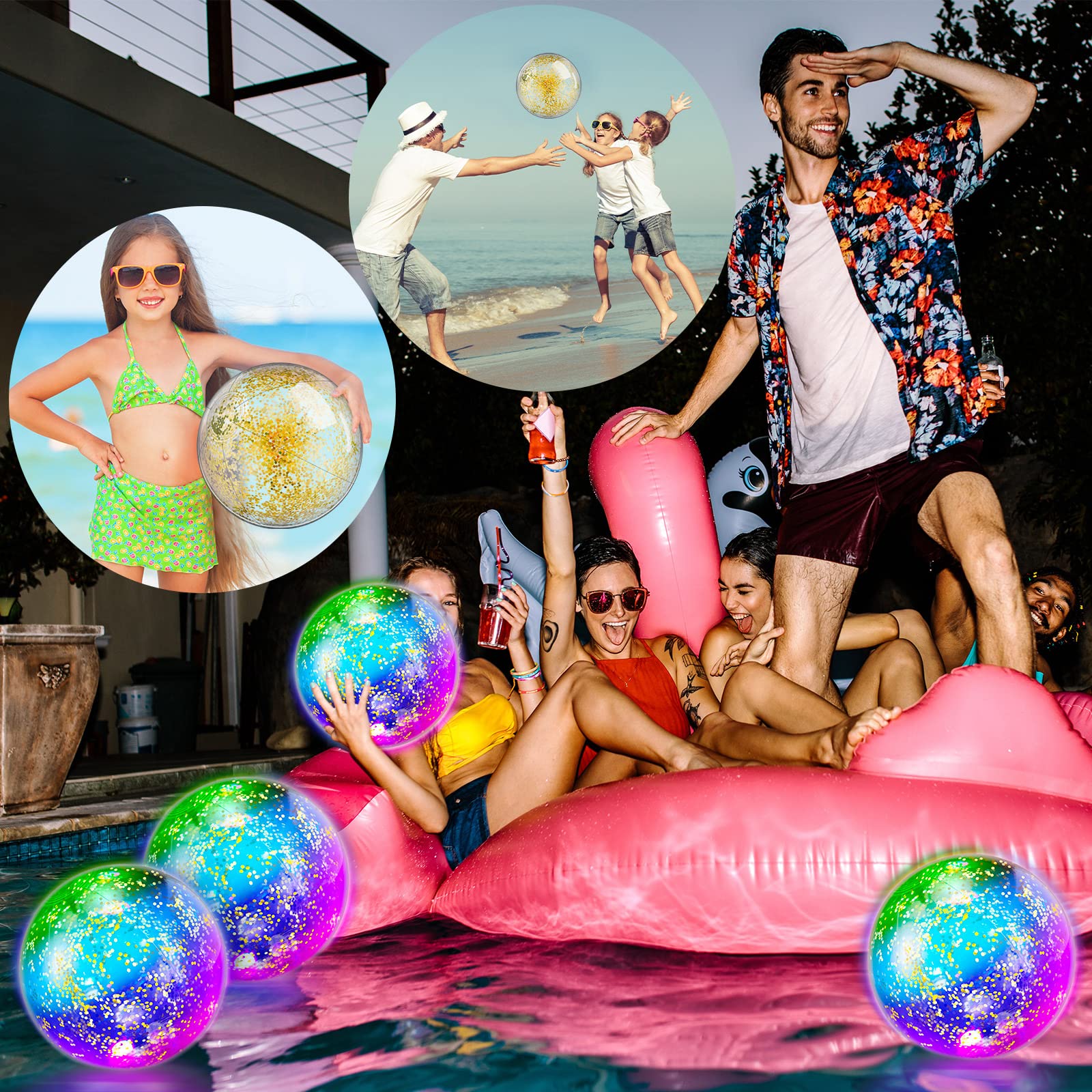 16 Pack LED Light Up Beach Balls - 9 Inch Glow in The Dark Pool Toys with Confetti Glitters for Summer Parties, Beach Games & Night Pool Fun - Bulk Inflatable Party Favors for Teens & Adults (Yellow)