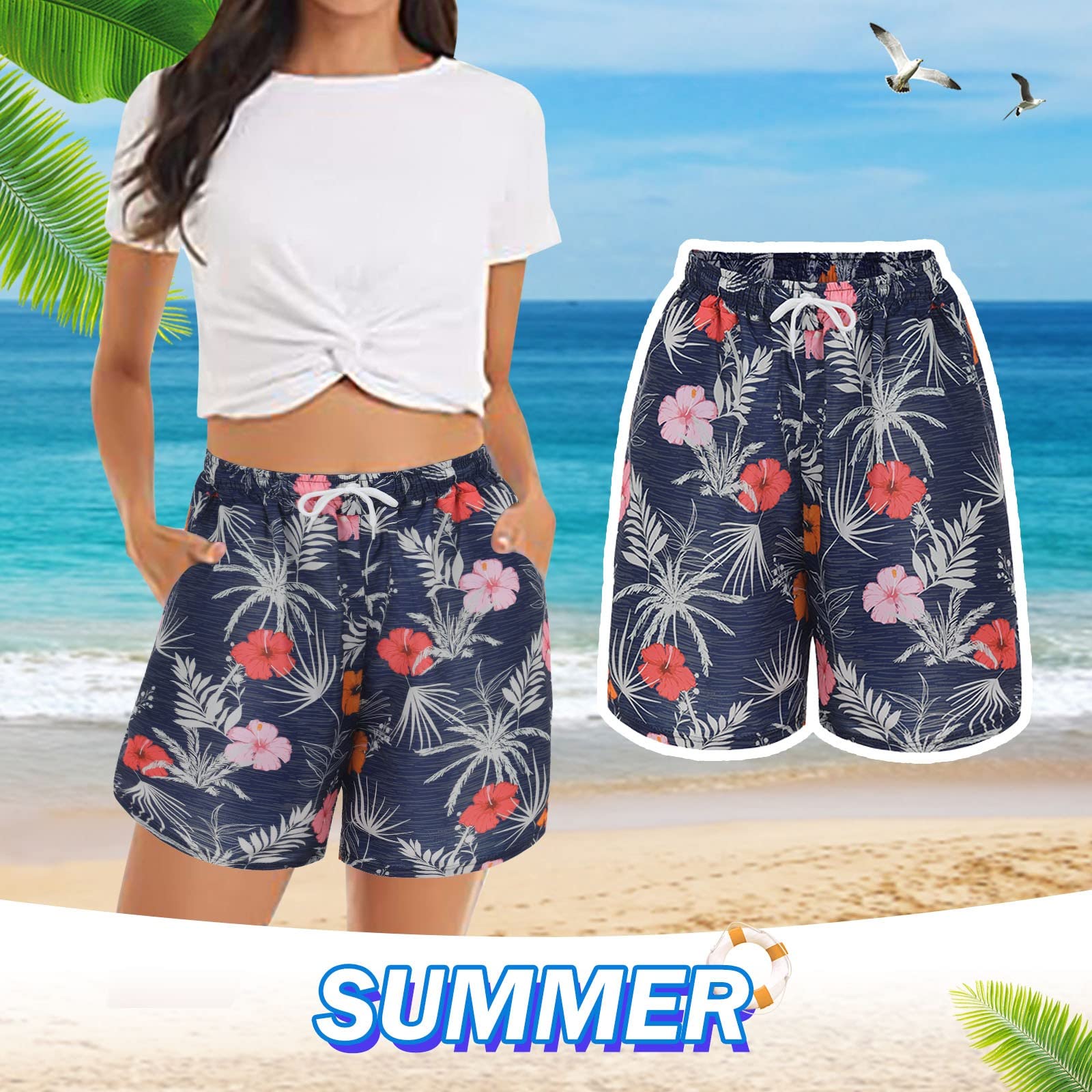 Women's Stretchy Bermuda Shorts - Loose Fit Wide Leg Athletic Shorts with Floral Print & Drawstring Waist | Perfect for Running, Yoga & Summer Vacations