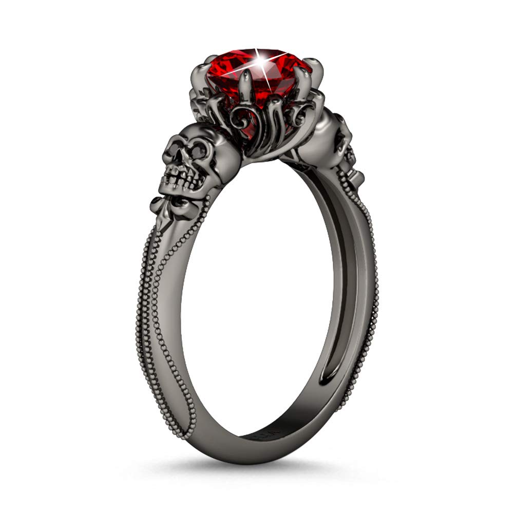 Jeulia 2.5 Carat Black Gothic Wedding Band for Women - 925 Sterling Silver Skull Eternity Ring with Round Cut Diamond & Ruby - Unique Promise, Anniversary & Romantic Jewelry Gift for Her - Perfect for Gothic Weddings, Halloween & Alternative Fashion Lovers