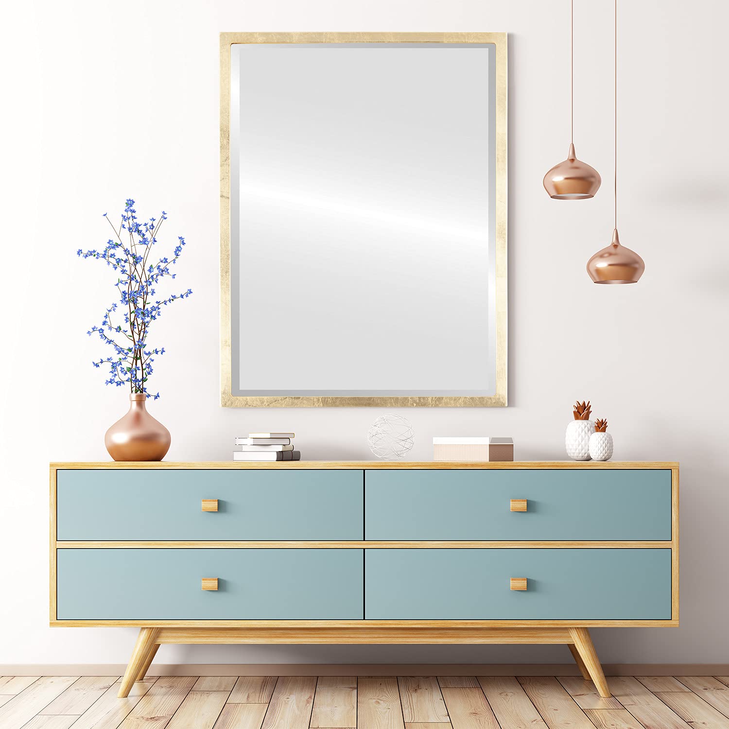 OVALCREST - 25.1x37.1 Inch Gold Leaf Rectangle Wooden Beveled Wall Mirror - London Style Home Decor for Bathroom, Vanity, Bedroom, Living Room & Hallway - Perfect for Accent Walls, Entryways and Dressing Areas