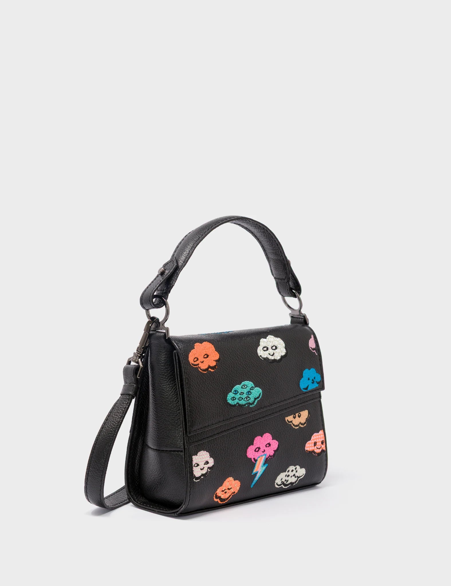 Anastasio Black Leather Micro Crossbody Handbag with Happy Clouds Design - Perfect for Everyday Use, Travel & Casual Outings