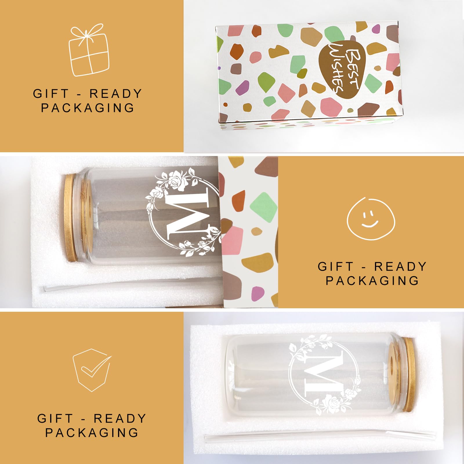 Personalized Monogrammed Initial Glass Cup - 16oz Iced Coffee & Beer Can Shaped Glass with Lid & Straw - Unique Birthday & Christmas Gifts for Women - Perfect for Home, Office & Party Drinks