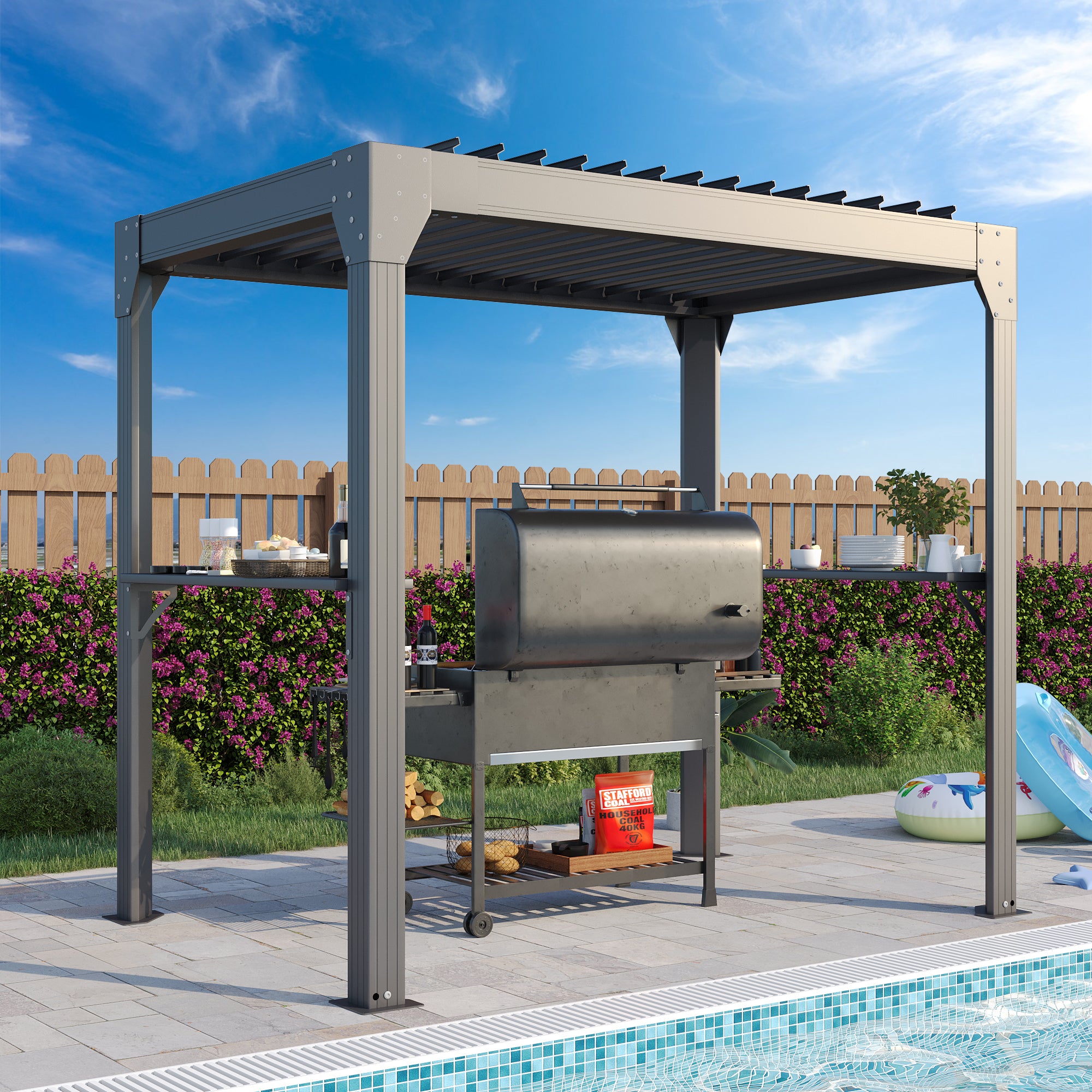 8' x 5' Dark Grey Louvered Pergola with Gutter & Side Shelves - Outdoor Patio, Garden, Backyard Shade Solution for Relaxing & Entertaining
