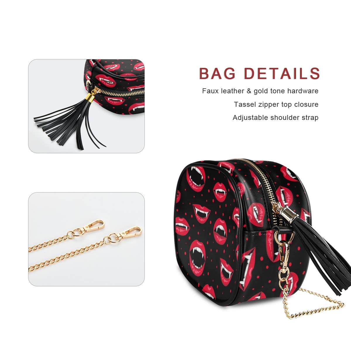 ALAZA Women's Seamless Halloween Crossbody Bag with Vampire Lips Print - Red Chain Shoulder Purse with Tassel | Perfect for Halloween Parties, Cosplay & Gothic Fashion Accessories