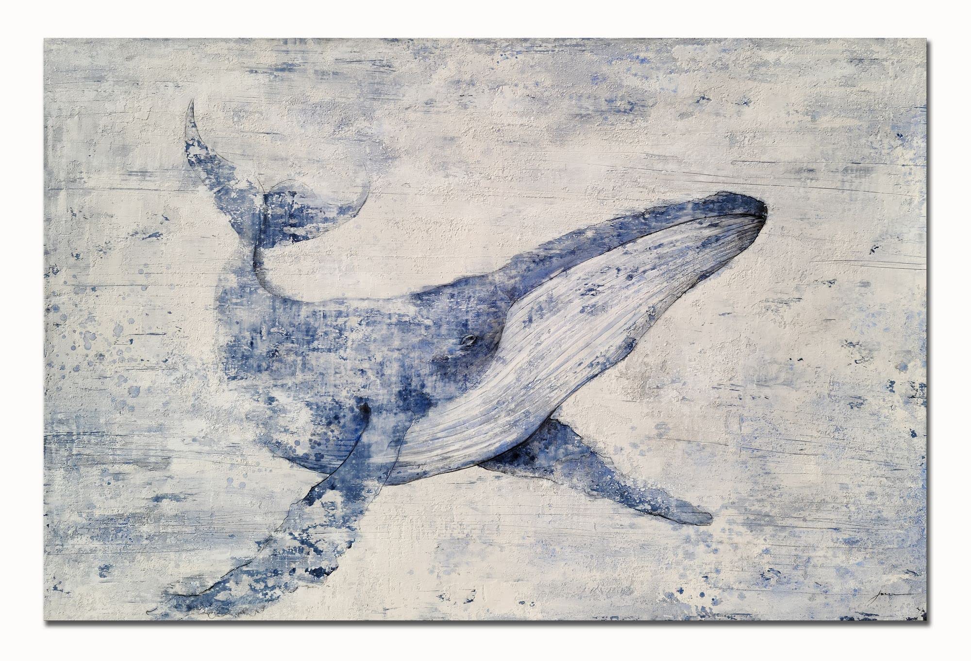 Hand Painted Blue and White Abstract Whale Canvas Wall Art - Modern Coastal Animal Painting for Living Room, Bedroom, Bathroom Decor | Perfect for Beach House, Nursery & Office Wall Decoration