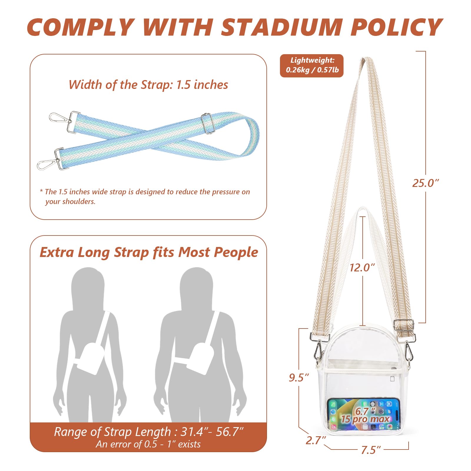 QOECI Clear Crossbody Bag for Women - TPU Stadium Approved Purse with 2 Extra-Long Straps | Perfect for Concerts, Festivals, Sporting Events & Travel Security Checks