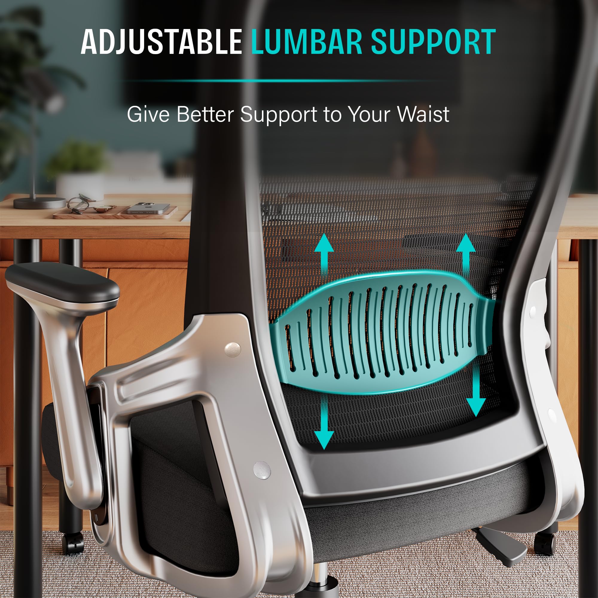 SUNNOW Ergonomic Office Chair - Adjustable Lumbar Support Mesh Computer Desk Chair with Flip-up Arms & Tilt Function - Wide Seat Executive Task Chair for Home Office - Perfect for Long Work Hours & Video Conferencing (Black)