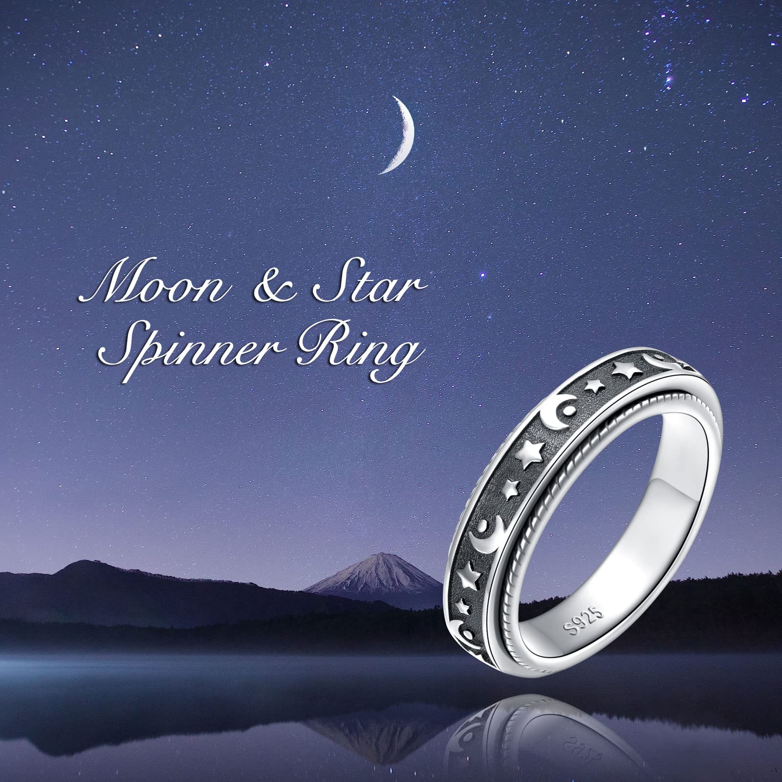 925 Sterling Silver Moon Star Spinner Ring for Men & Women - Anxiety & Stress Relief Fidget Ring for ADHD, Autism - Inspirational Message 'Keep Going This Too Shall Pass' - Perfect for Relaxation, Focus & Daily Wear