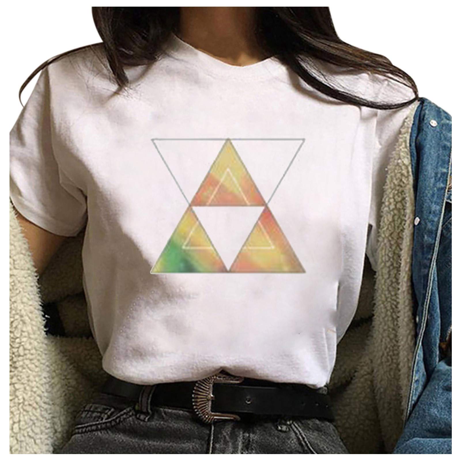 Stylish Geometric Print Loose Fit Round Neck T-Shirt for Women - Trendy Harajuku Fashion - Perfect for Casual Wear, Street Style & Everyday Outfits