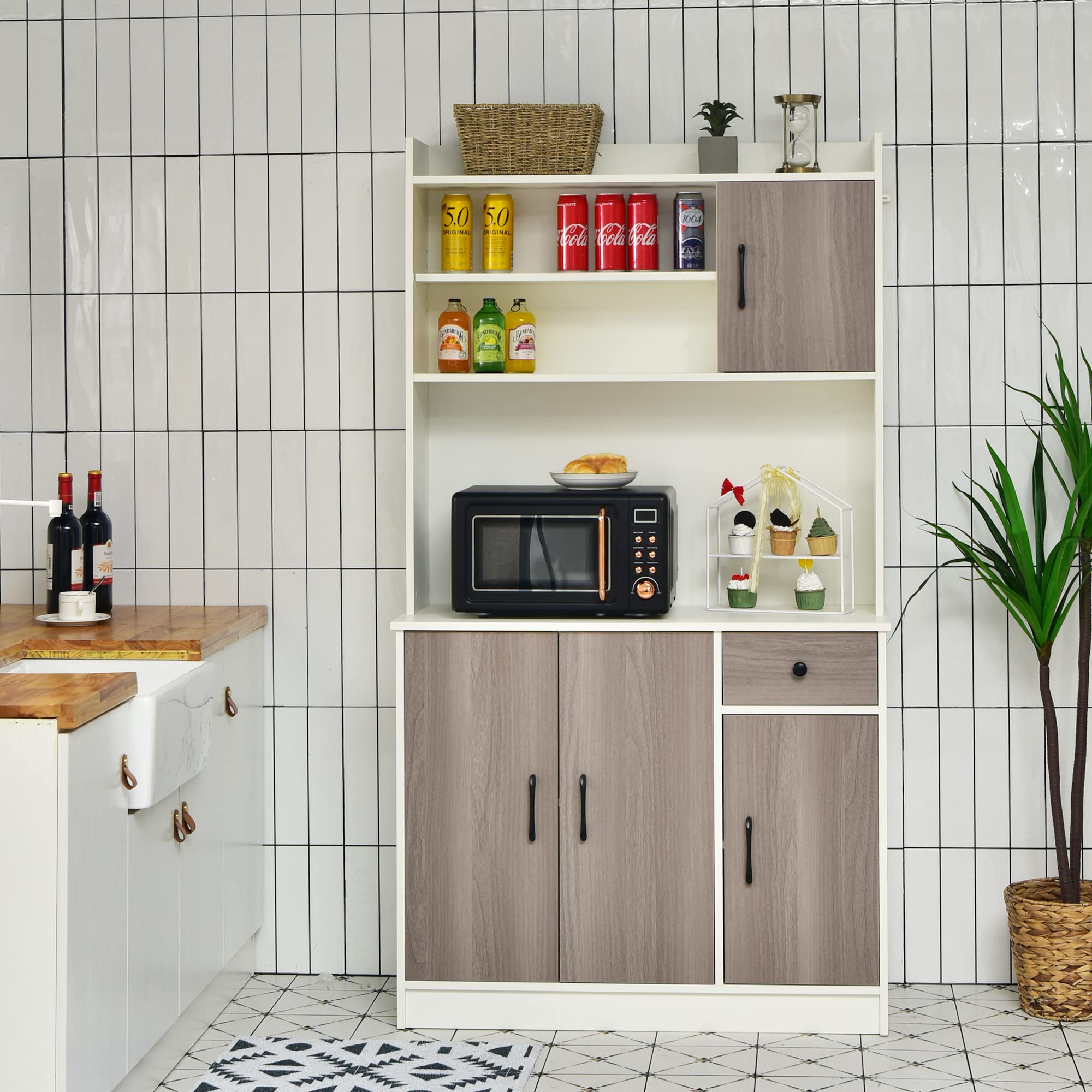 LOKO White Kitchen Pantry Storage Cabinet with Adjustable Shelves & Hutch - 39.5