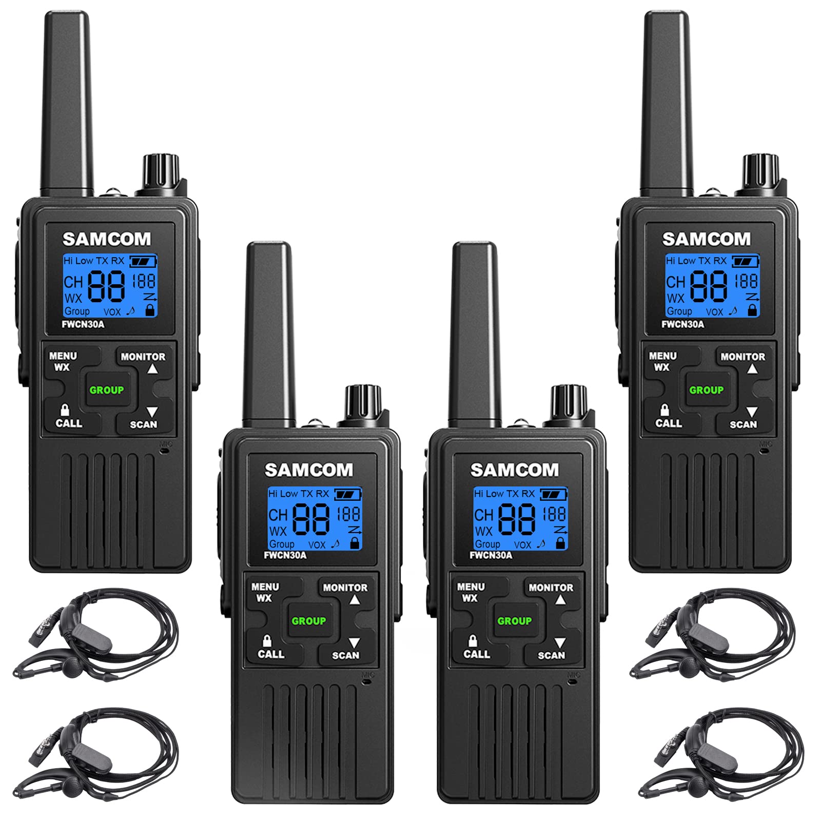 4 Pack SAMCOM Long Range Two Way Radios - 1250mAh Rechargeable Walkie Talkies for Adults with Earpieces & NOAA Weather Alert | USB Charging | Ideal for Outdoor Adventures, Construction Sites & Emergency Communication