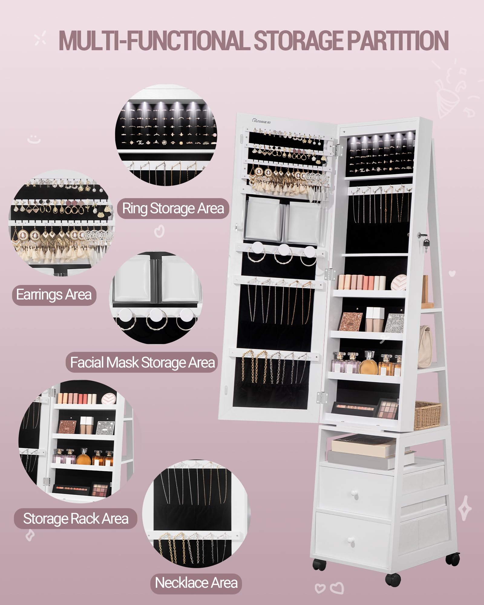 Lockable Jewelry Organizer Mirror Cabinet with Lights & Wheels - 360° Swivel, 2 Drawers for Women's Jewelry Storage - Bedroom/Bathroom Use