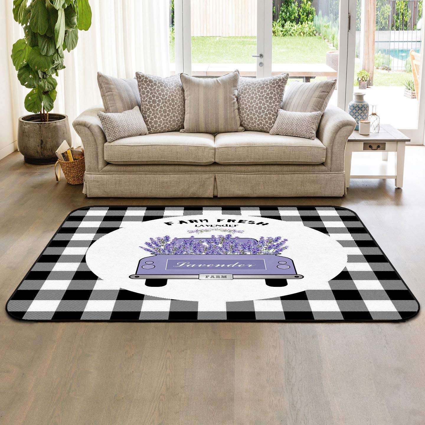 5' x 7' Farmhouse Lavender Flower Truck Area Rug - Modern Checkered Nursery Carpet for Kids Room, Black & White Indoor Outdoor Rug for Living Room, Bedroom, Patio - Soft Floor Covering for Home Decor & Play Areas