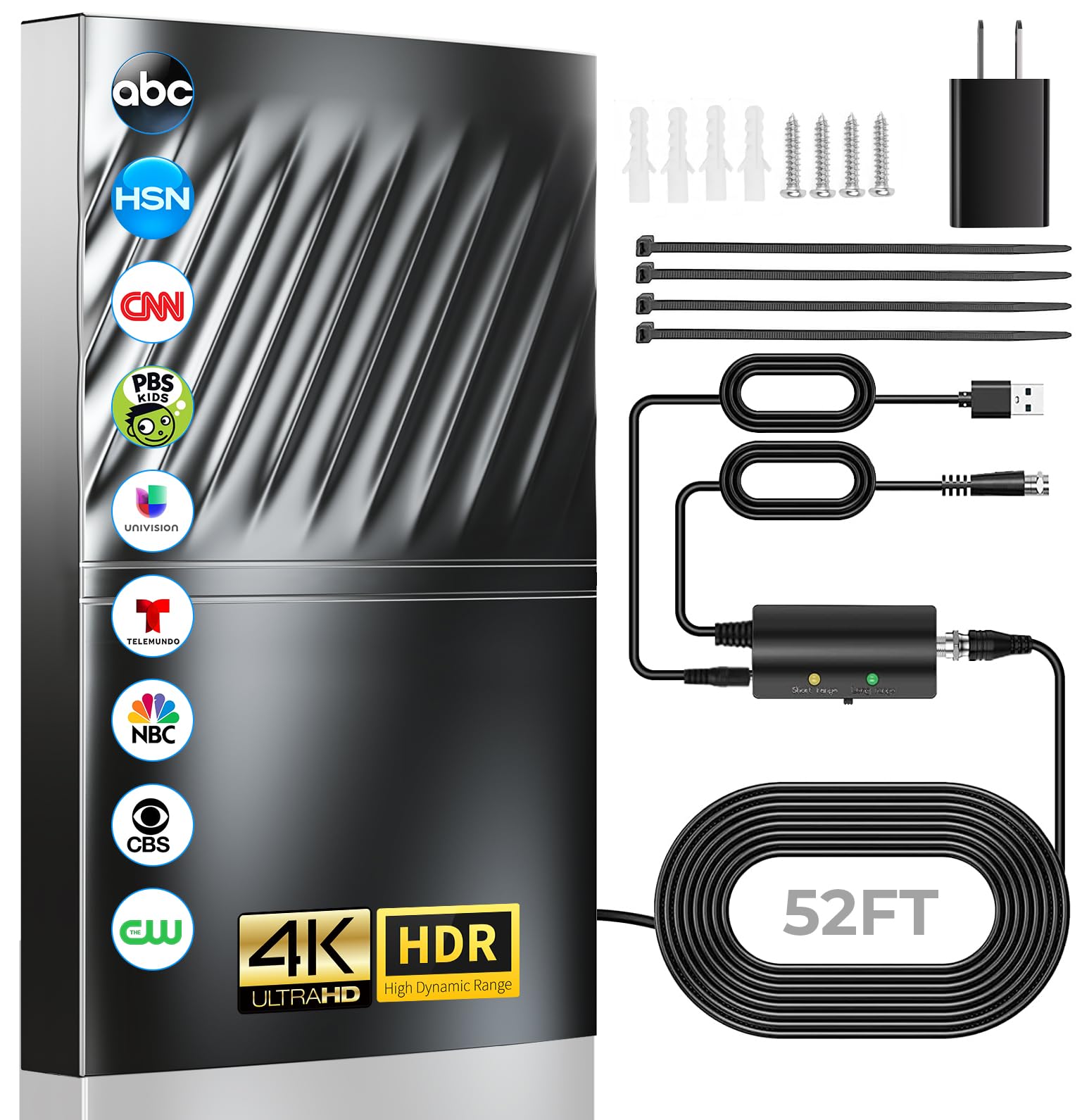 2024 Newest Indoor/Outdoor Smart Digital TV Antenna - Up to 1900+ Miles Range with Amplifier & Signal Booster - Supports 8K 4K 1080p HD Channels - Includes 52ft Coax Cable & AC Adapter - Perfect for Home, RV, Camping and Local Channel Reception