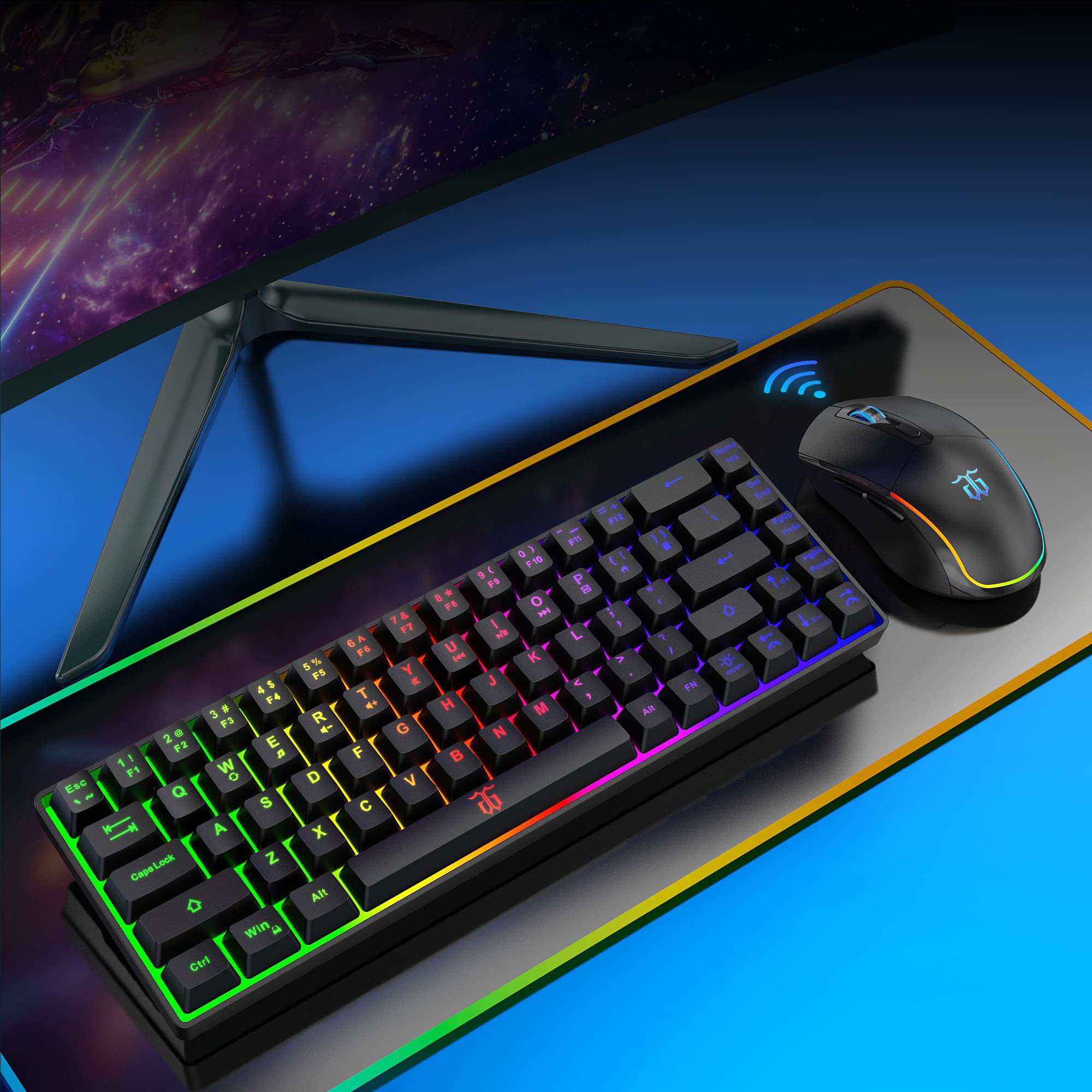 SNPURDIRI 60% Wireless Gaming Keyboard and Mouse Combo - LED Backlit 68-Key Compact Mechanical Keyboard for PC, Mac, Laptop - Perfect for Gaming, Office Work & Home Use