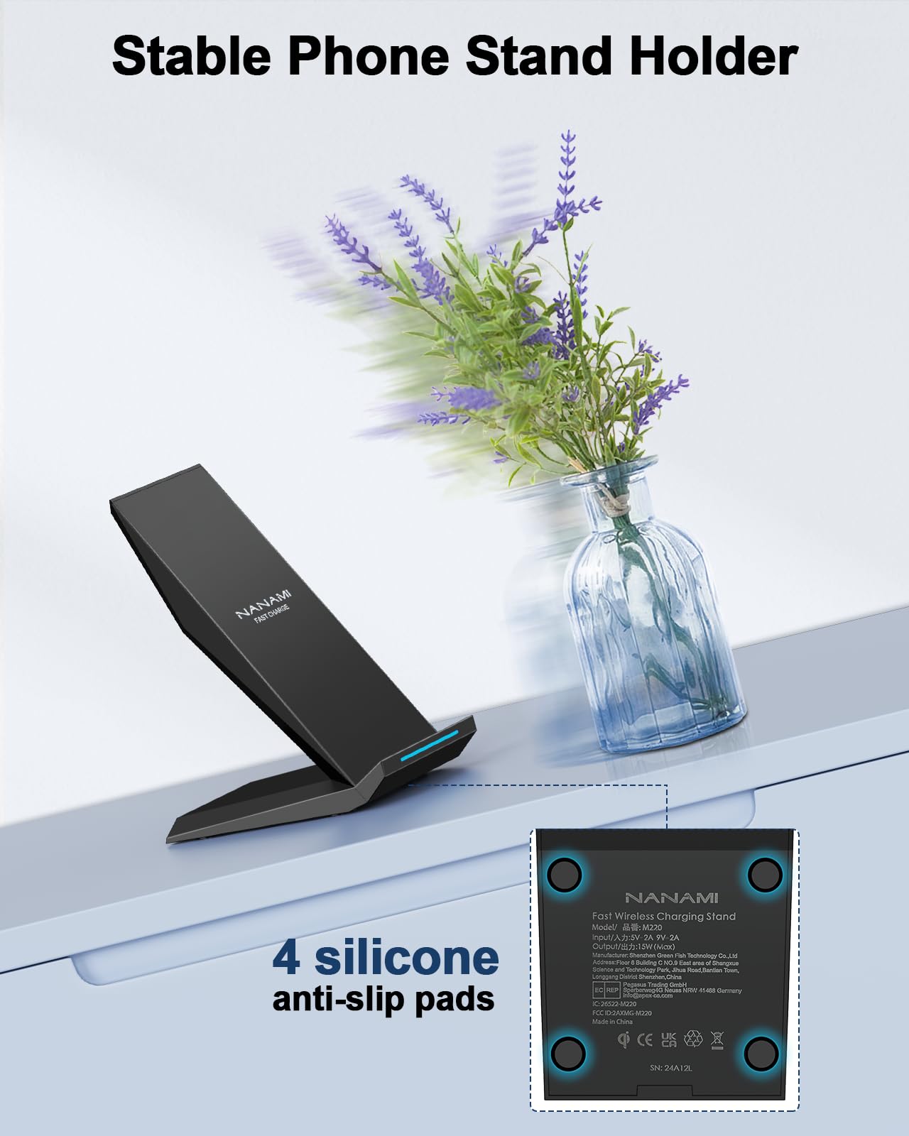 NANAMI Fast Wireless Charger - Qi-Certified 15W Wireless Charging Stand & Pad Set for iPhone 15/14/13/12/11 Pro Max, Samsung Galaxy S24/S23/S22/S21/Note 20, AirPods Pro - Perfect for Home, Office & Travel Charging