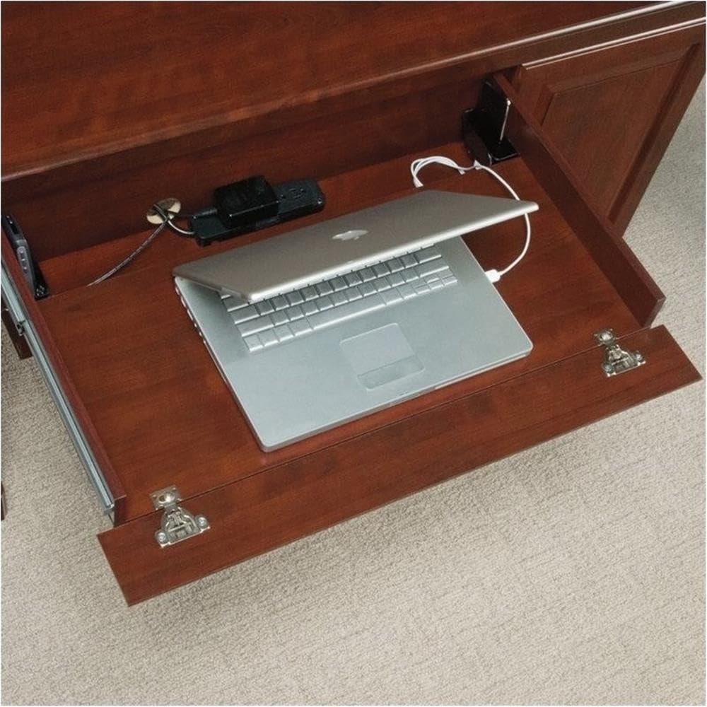 Pemberly Row Traditional Wood Computer Desk Credenza in Classic Cherry - Home Office Furniture for Work & Study, Perfect for Desktops, Laptops & Storage