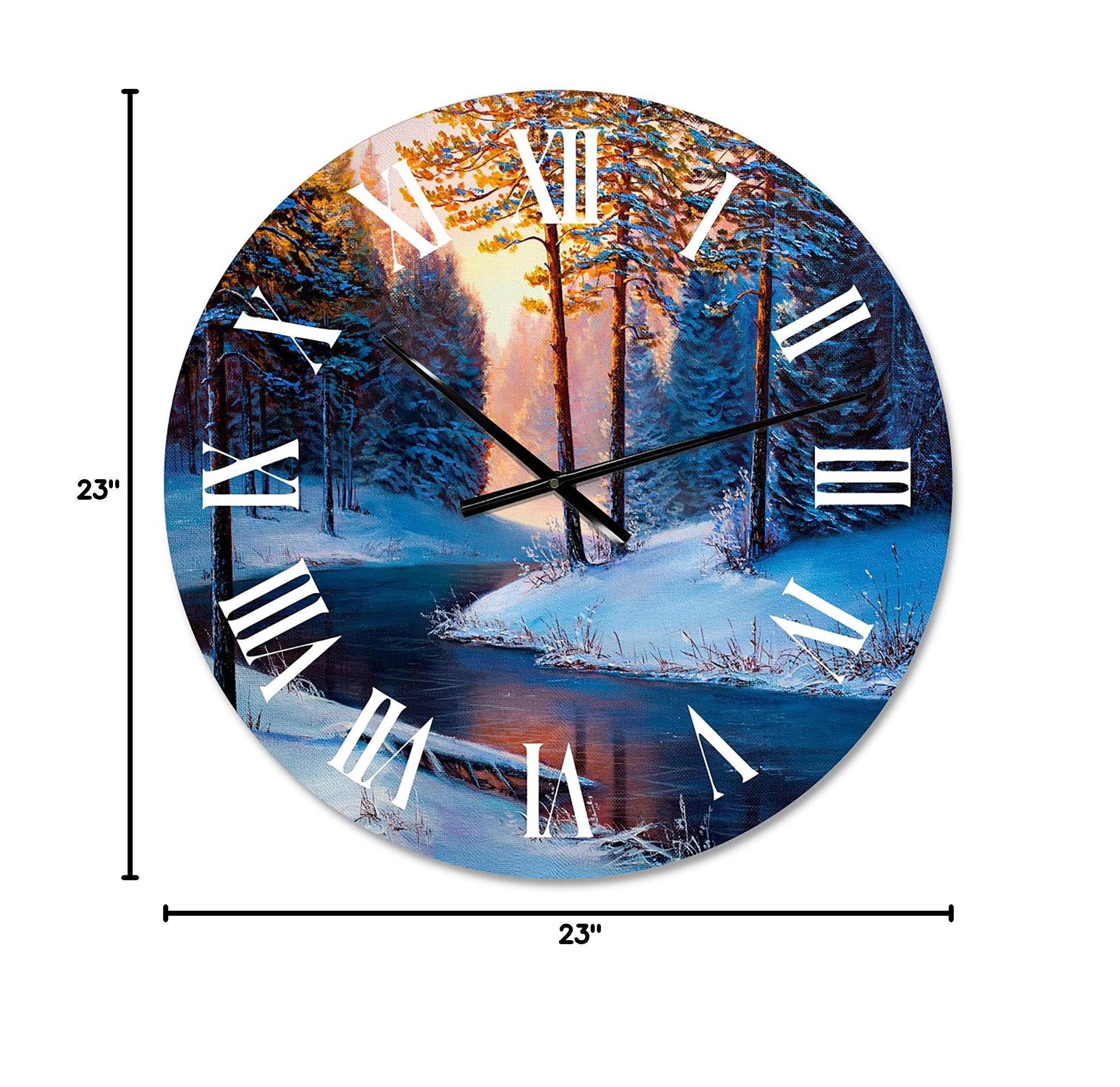DesignQ Lake House Wall Clock - 'Sunshine Through The Christmas Forest by The River' Large Landscape Nature Wall Clock for Kitchen, Living Room, Bedroom, Office Decor | Perfect for Farmhouse, Rustic & Holiday Home Décor