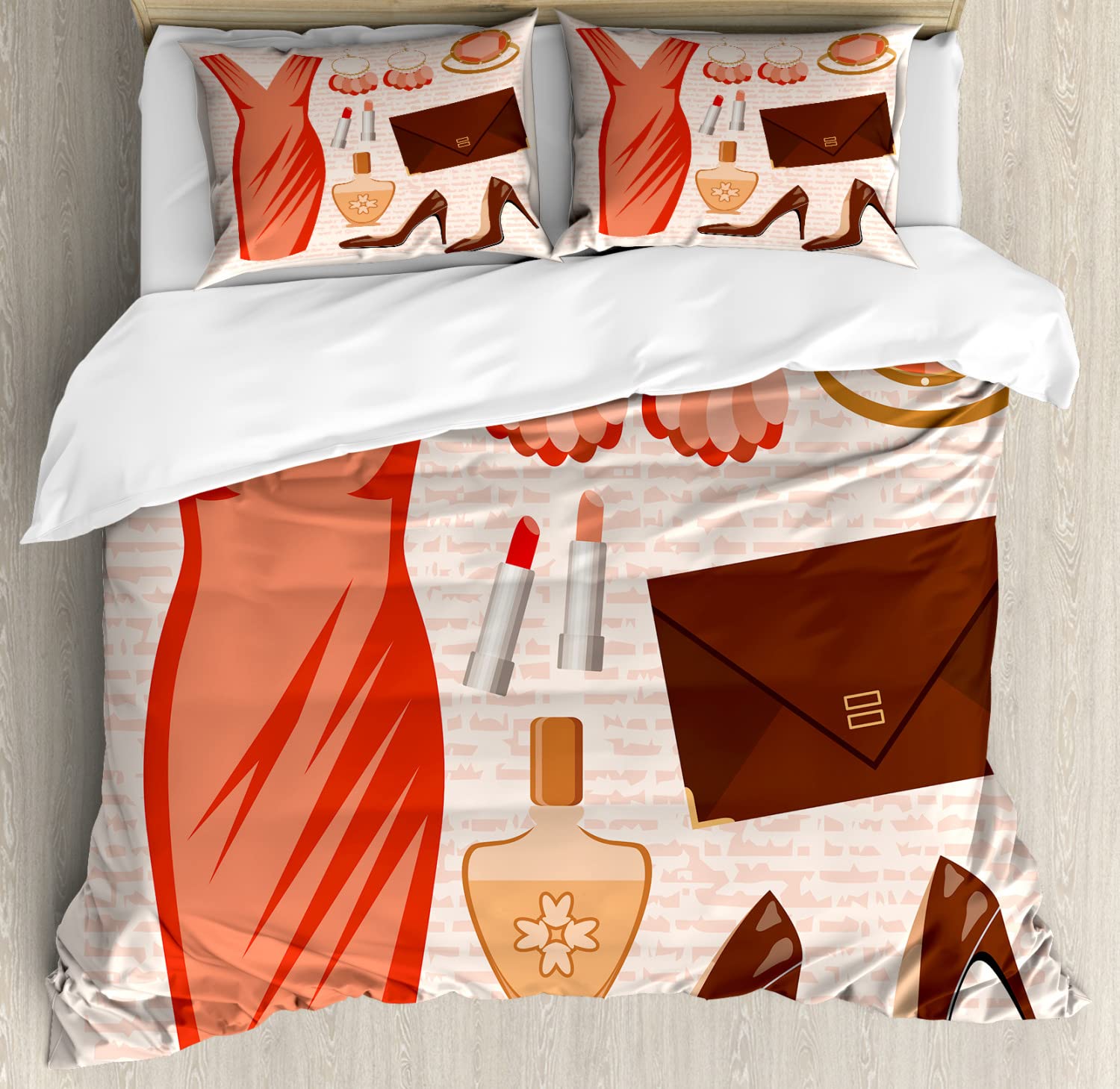 Ambesonne Fashion Duvet Cover Set - 2 Pack Cal King Size, Salmon Brown Peach Design with 2 Duvet Covers & 4 Pillowcases | Chic Heels & Cocktail Dress Pattern | Perfect for Women's Bedroom Decor, Bridal Shower Gift or Fashion-Themed Home Accessories