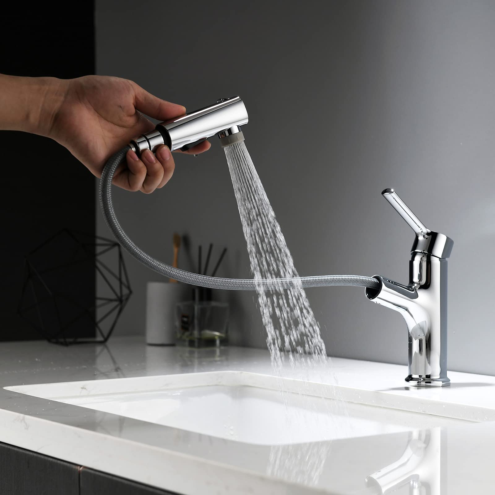 Single Handle Bathroom Sink Faucet with Pull Down Sprayer - Chrome Vanity Faucet for Hot & Cold Water - Perfect for Vessel Sinks, Lavatories, and Modern Bathroom Renovations