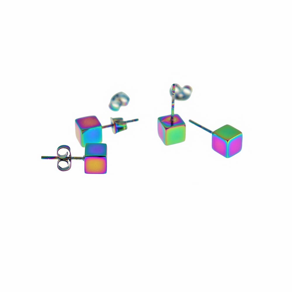 Vibrant Rainbow Electroplated Stainless Steel Square Cube Stud Earrings - 6mm Hypoallergenic Fashion Jewelry - 2 Piece Set (1 Pair) - ER520 - Perfect for Parties, Gifts & Everyday Wear