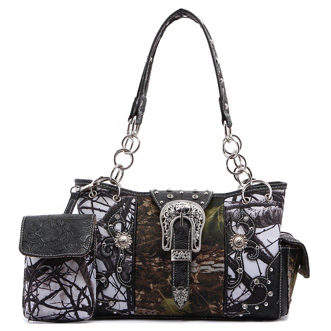 Western Style Camouflage Crossbody Handbag with Concho Buckle & Floral Tooling - Women's Shoulder Purse with Studs & Matching Wallet Set - Perfect for Country Concerts, Rodeos & Western Fashion Outfits