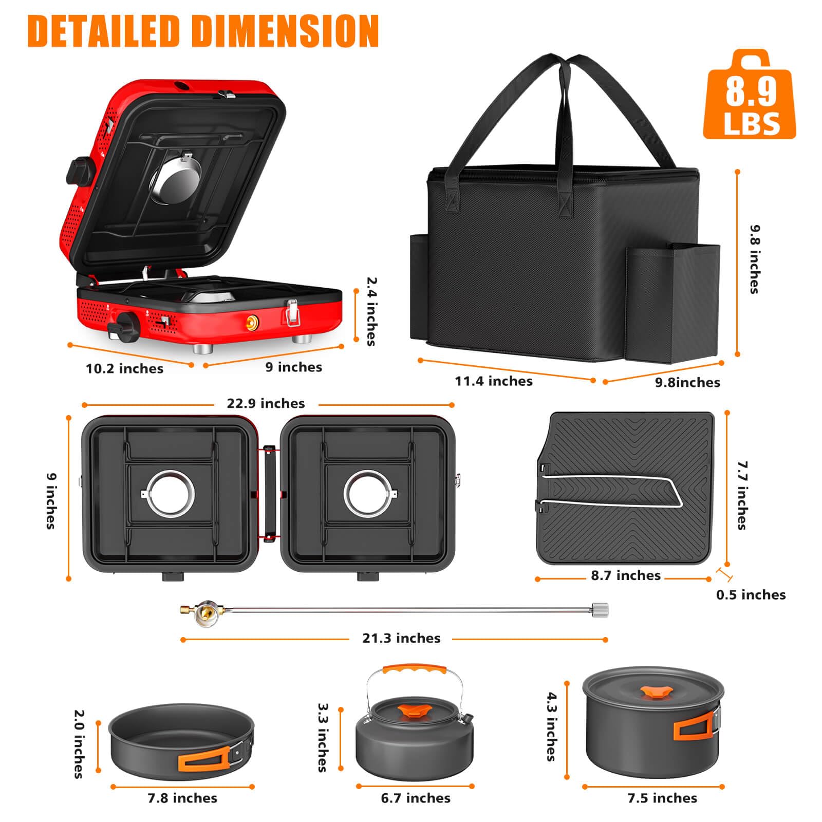 Portable 2 Burner Camping Stove Set with Cookware - 20,000 BTU High Output Outdoor Gas Stove Kit Includes Folding Stove, Frying Pan, Griddle, Kettle, Pot & Carry Bag - Compatible with Propane & Butane - Perfect for Camping, Hiking, Backpacking & Picnics