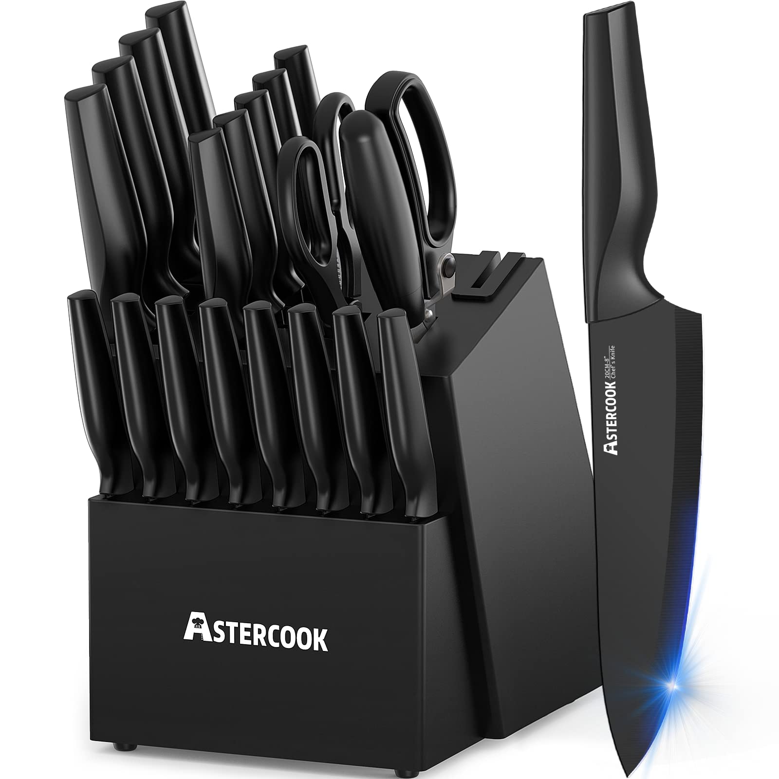 Astercook 21-Piece German Stainless Steel Knife Set with Block & Built-in Sharpener | Dishwasher Safe Kitchen Knives for Chopping, Slicing & Food Prep | Professional Chef & Home Cooking Essential