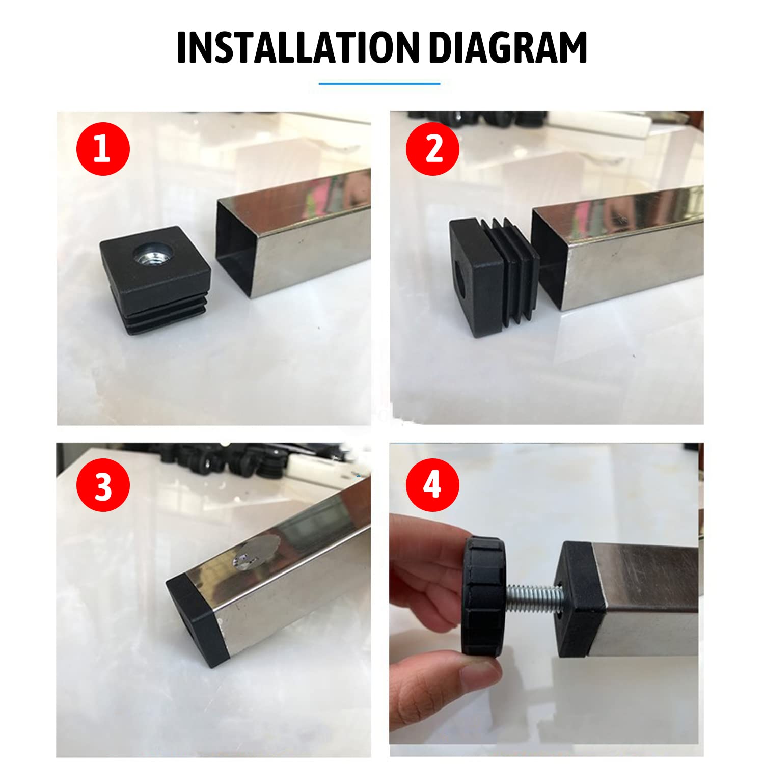 MroMax 24 Sets Adjustable Leveling Feet - 40 x 40mm Plastic & Metal Square Tube Insert Kit with M8 Thread - Glide Levelers for Home Office Table, Desk Leg (Black) - Perfect for Uneven Floors & Wobble-Free Furniture Stability
