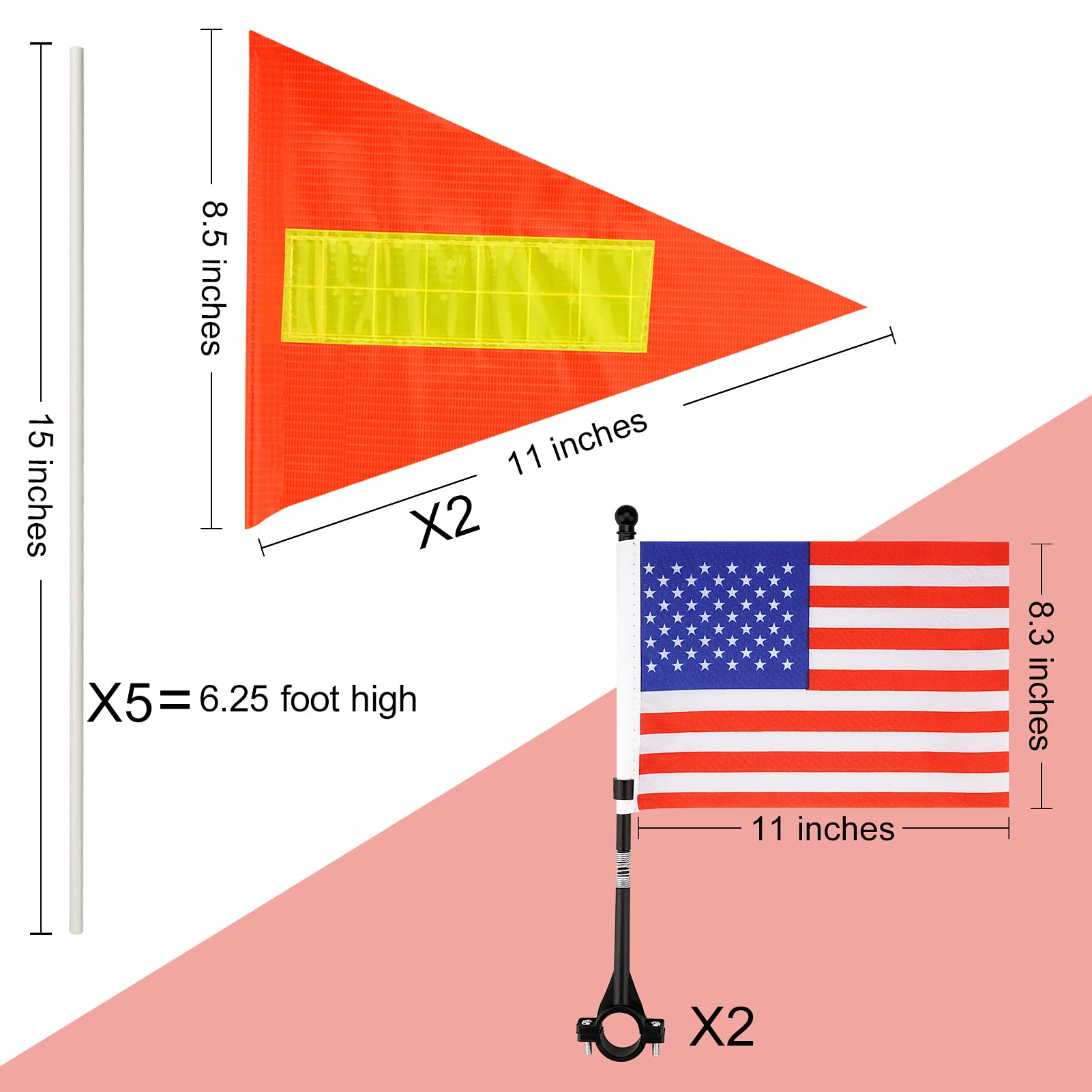 2 Pack Bike Safety Flags with Pole - Reflective Strap, Adjustable Height, Heavy Duty Fiberglass, Waterproof - Perfect for Cycling, Bicycle Commuting & Outdoor Adventures - USA Flag Design