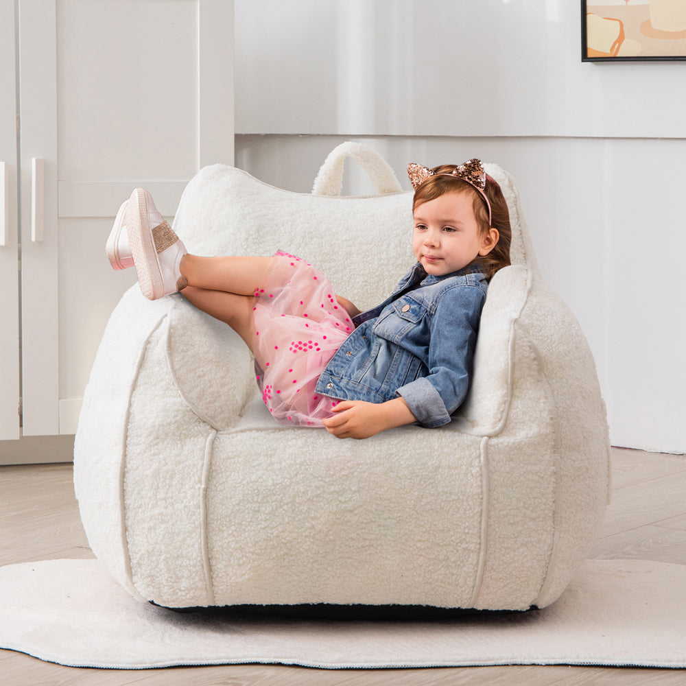 MAXYOYO Kids Sherpa Bean Bag Chair & Couch - Soft Plush Children's Room Furniture with Decorative Edges (White) - Perfect for Reading Nooks, Playrooms & Bedroom Relaxation