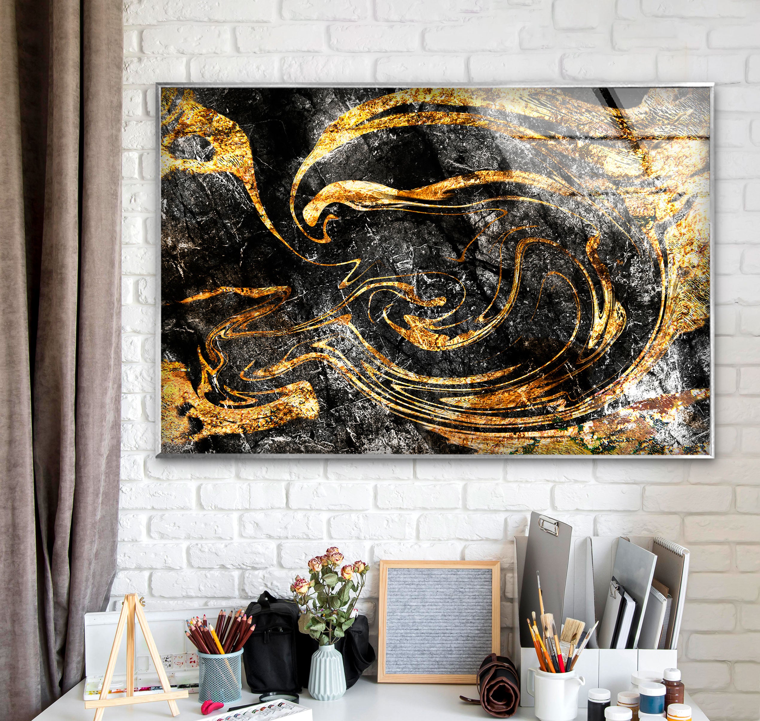 Black Gold Abstract Wall Art - Premium Textured Glass Print with Metallic Swirl Design for Modern Home & Office Decor | Perfect for Living Room, Bedroom or Contemporary Spaces