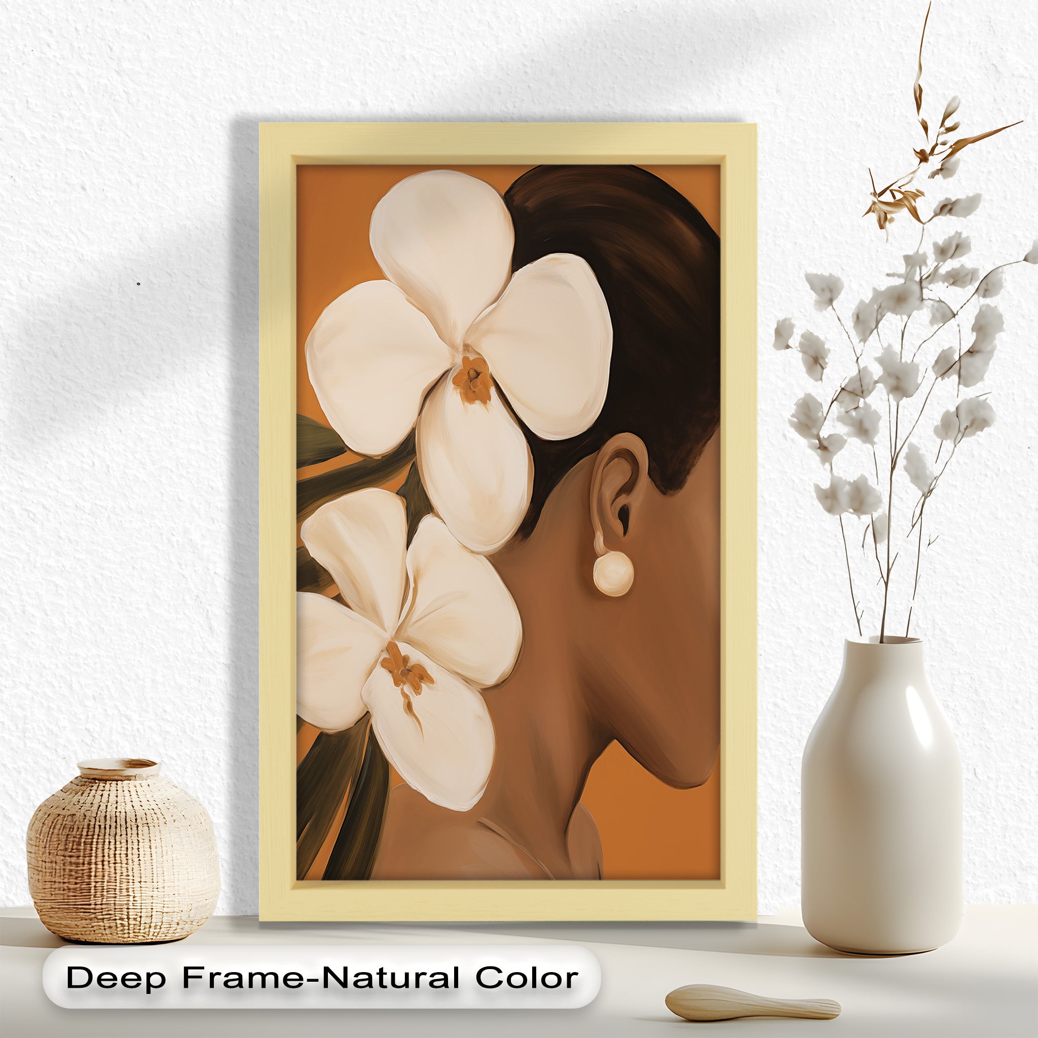 African Woman with Orchids Framed Oil Painting - Handmade Wall Art Decor for Living Room, Bedroom & Office