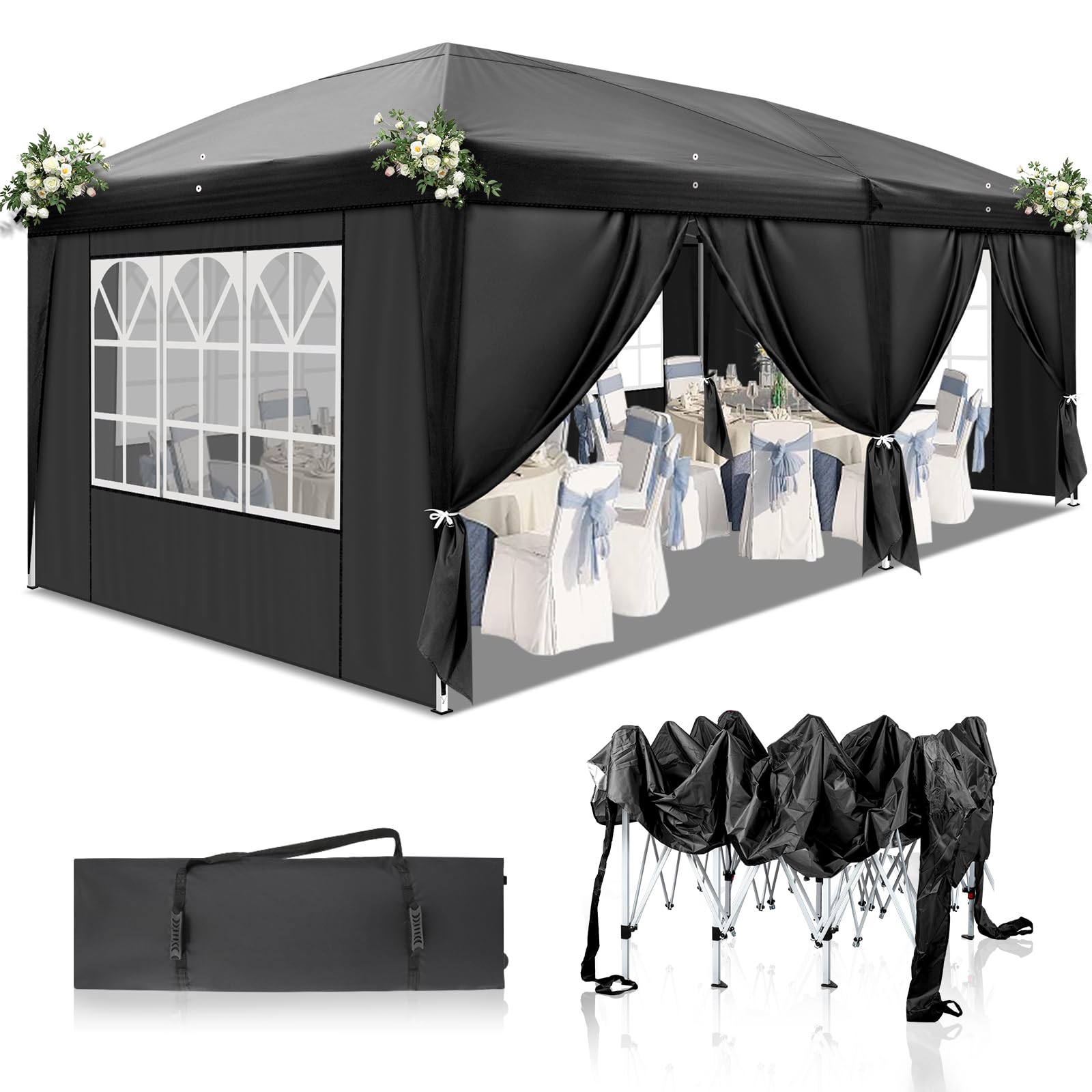 10' x 20' Pop Up Canopy Tent with Removable Sidewalls & Carry Bag - Instant Shelter with Zipper Door for Outdoor Events, Parties, Backyard, Patio - Commercial Grade Portable Easy Up Canopy (Black) - Perfect for Picnics, Farmers Markets, Tailgating & Beach Outings