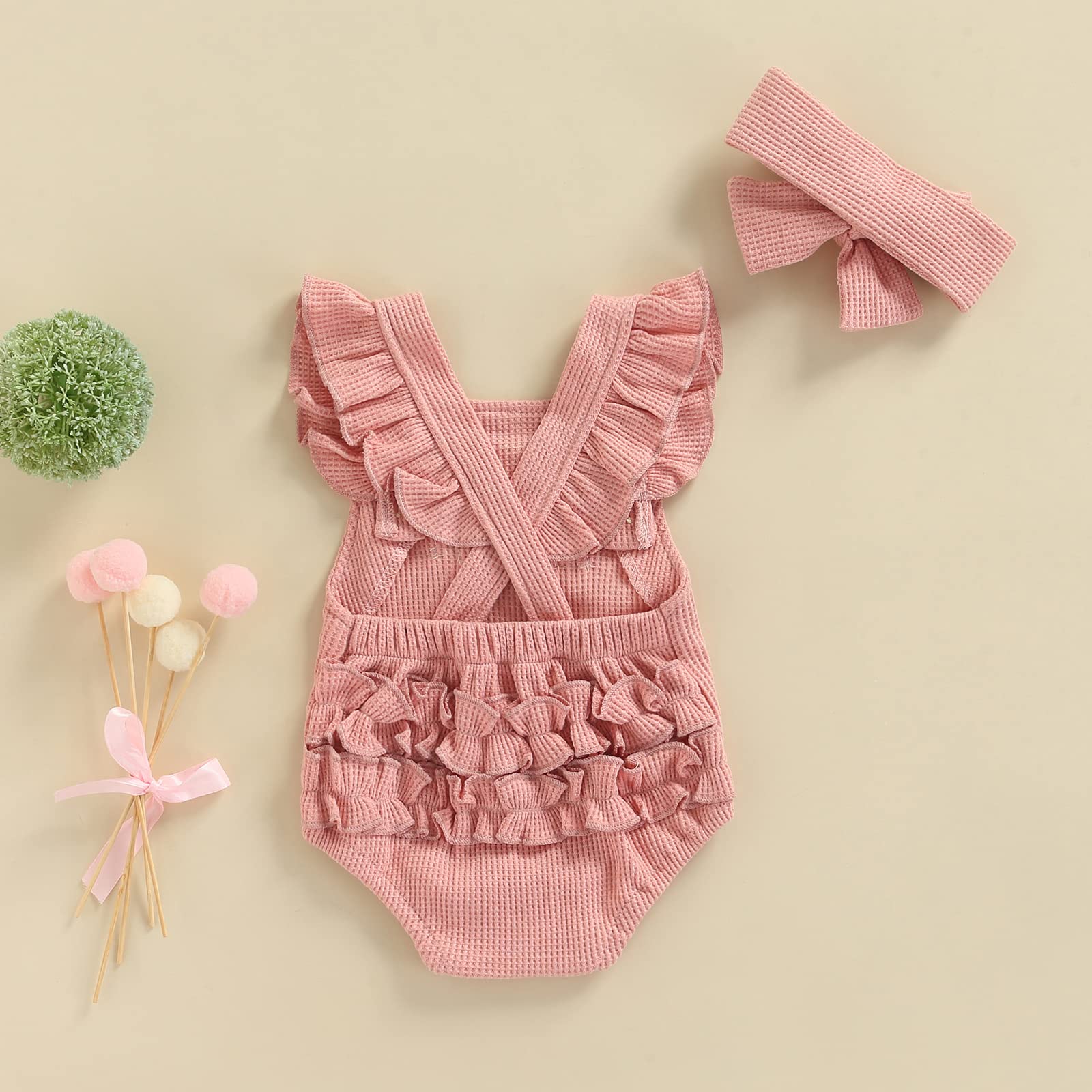 Douhoow Baby Girl Rainbow Boho Ruffled Sleeveless Romper with Headband - Soft Cotton Summer Outfit for Newborn Infant Toddler, Perfect for Photoshoots, Parties & Playdates
