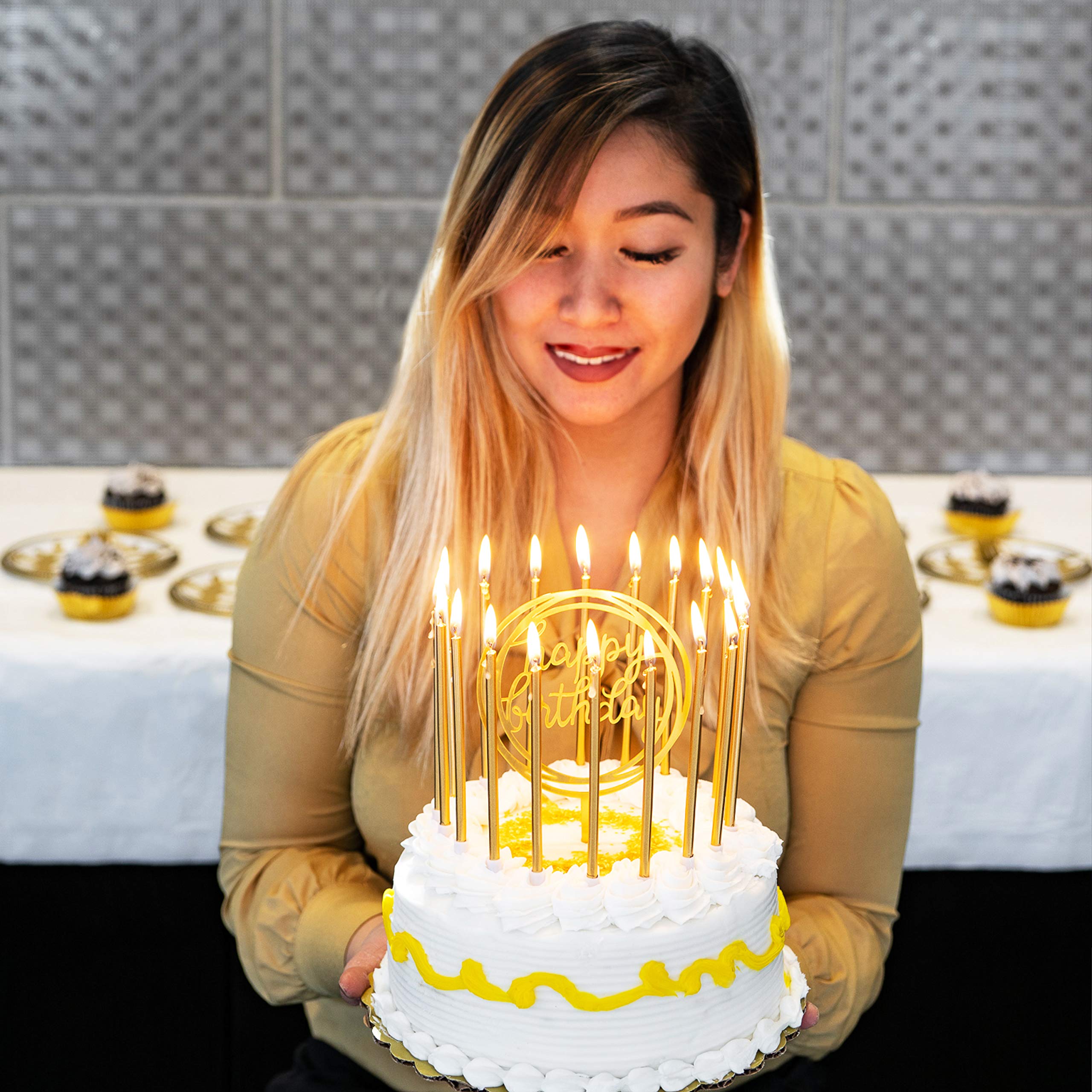 24-Pack Tall Thin Metallic Gold Birthday Candles with Holders & Matching Cake Topper - Slow Burning for Custom Cakes, Cupcakes & Special Occasions | Elegant Party Decor by Dream VZN