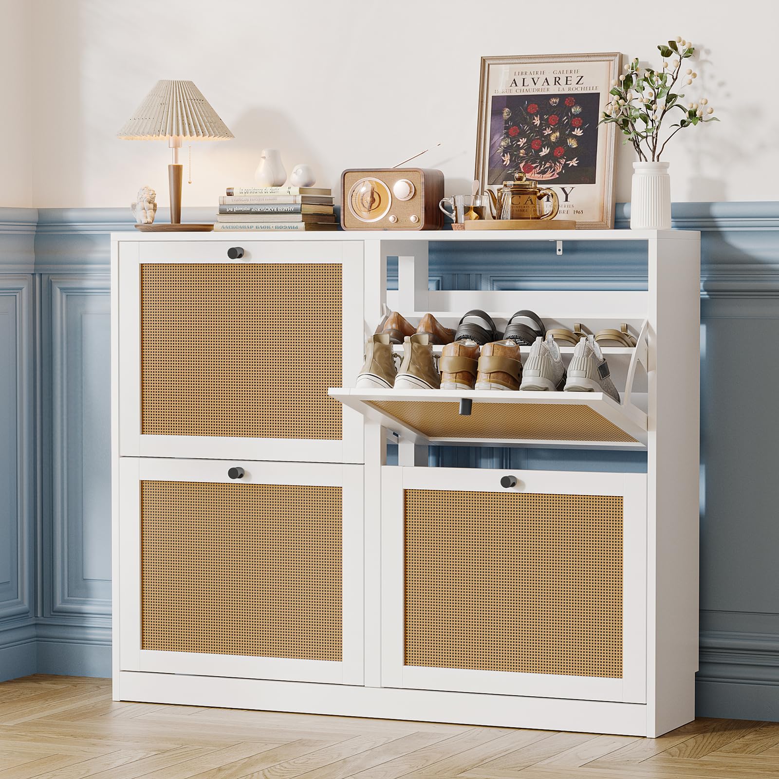 Anmytek Large Natural Rattan Shoe Storage Cabinet with 4 Flip Drawers - Freestanding Adjustable Shelf Shoe Organizer for Entryway, Hallway, Living Room | Perfect for Small Spaces, Closet Organization & Home Decor
