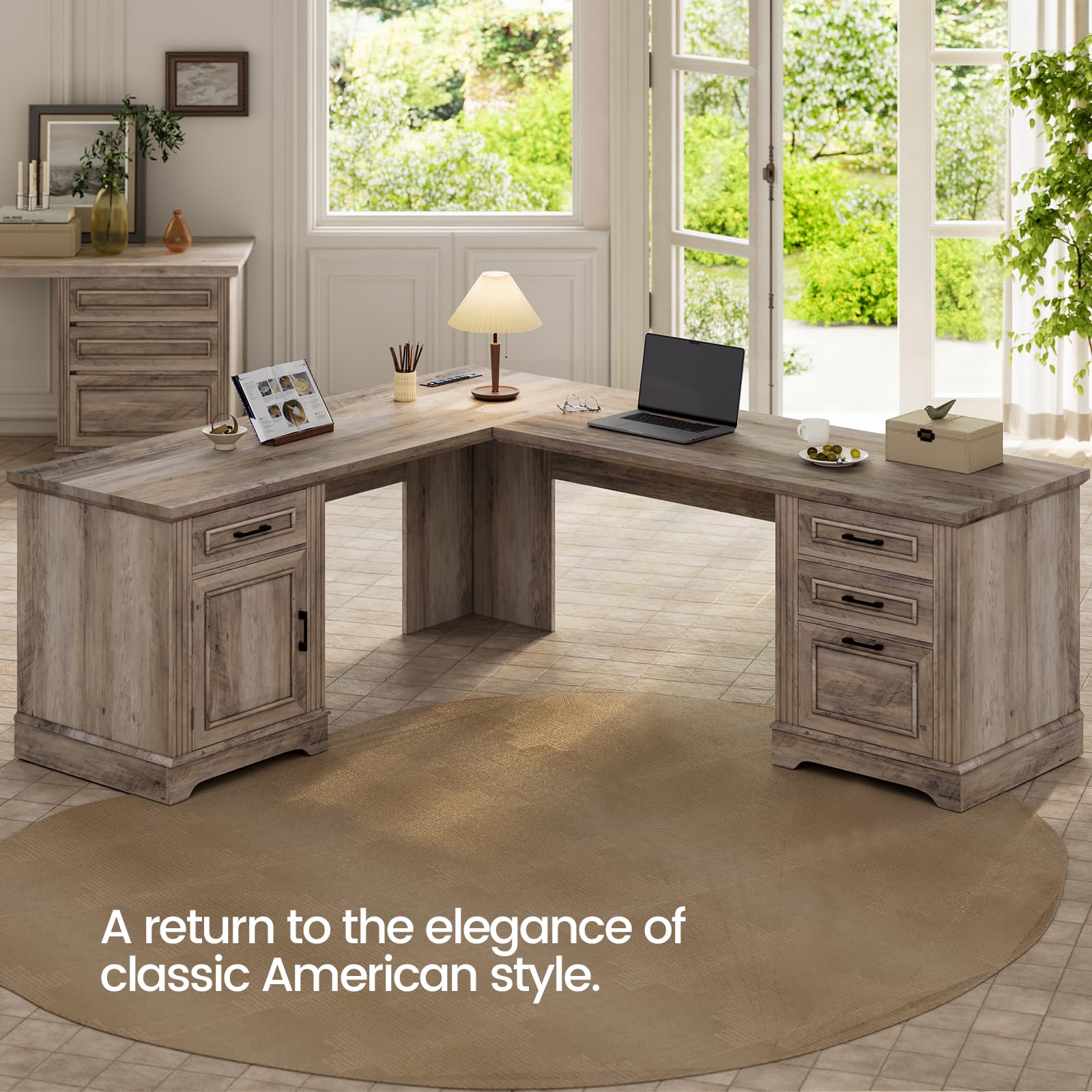 Itaar Farmhouse L-Shaped Desk with Storage - Home Office Computer Desk with Drawers, File Cabinet & Power Outlet - Grey Corner Workstation for Small Spaces & Home Offices | Perfect for Remote Work, Gaming Setup & Study Areas