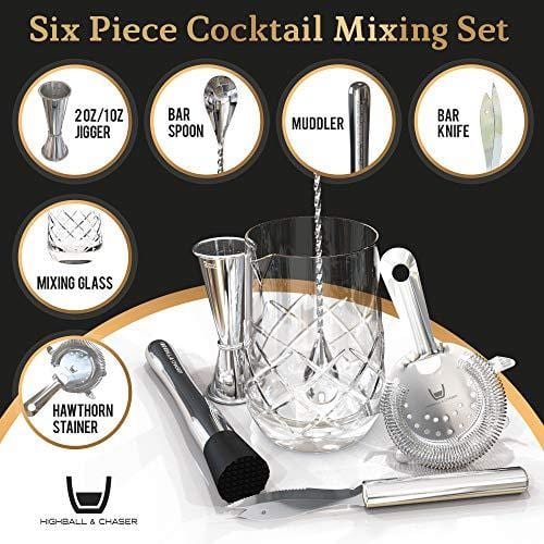 Premium 25 oz Cocktail Mixing Glass Set - 6-Piece Bar Tools Kit with Diamond Cut Muddler, Jigger, Spoon, Hawthorn Strainer & Bar Knife | Stainless Steel Bartender Essentials for Home Bars & Professional Mixology