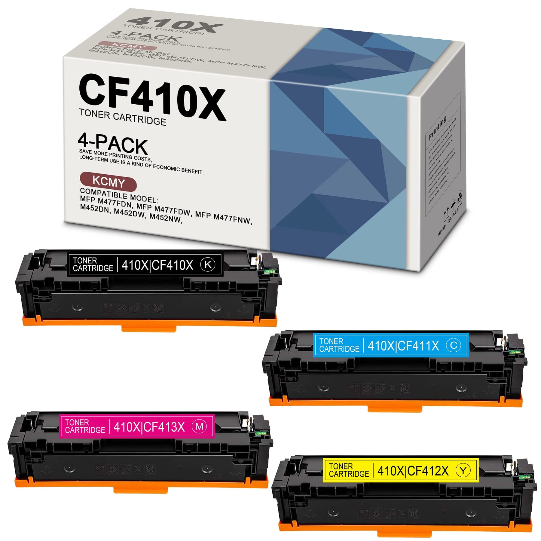 4-Pack High Yield Toner Cartridge Replacement for HP 410X (1BK+1C+1M+1Y) - Compatible with MFP M477fdn M477fdw M477fnw Pro M452dw M452nw M452dn Printers - Perfect for Office & Home Printing Needs