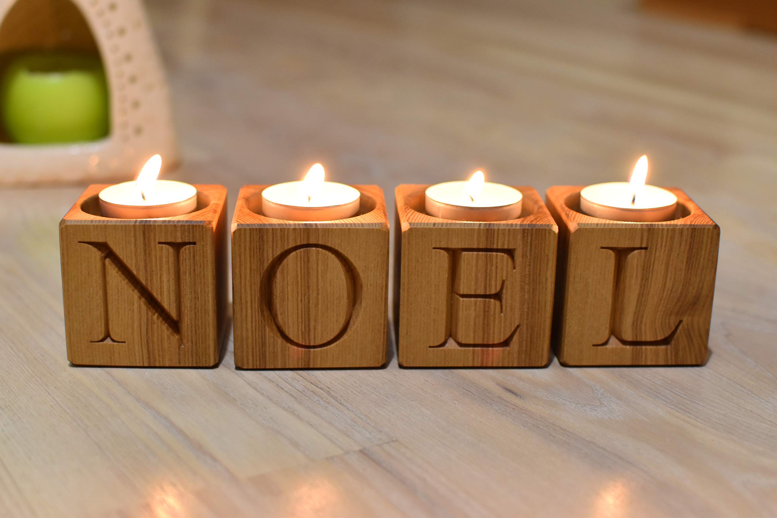 4 Wooden Candle Holders - Rustic Engraved Tealight Holders with Letters for Home Decor | Perfect for Christmas, Advent, Wedding Centerpieces and Farmhouse Style Decor