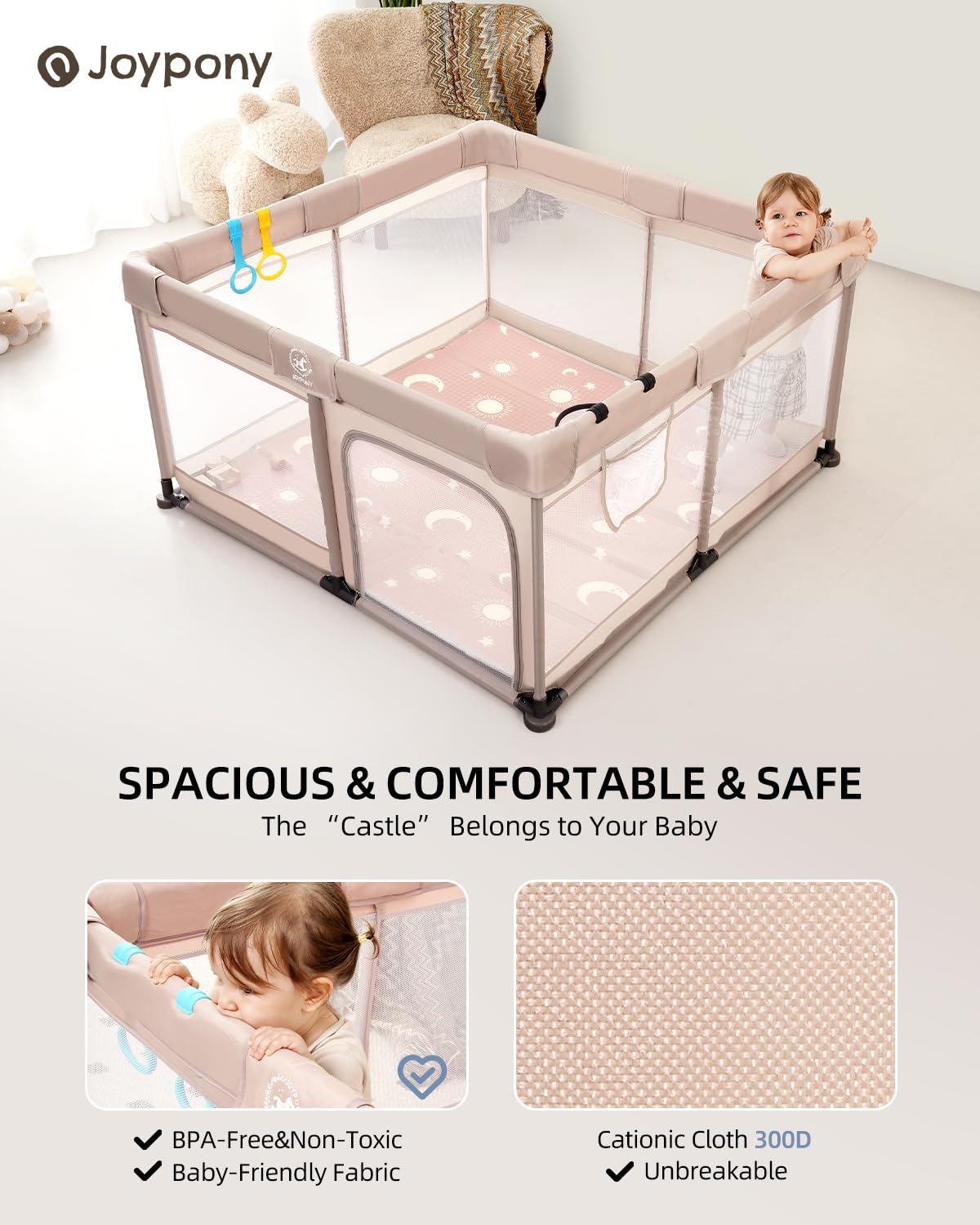 Baby Playpen with Soft Mat - 50x50 Inch Playpen for Infants & Toddlers, Breathable Mesh Play Yard for Indoor & Outdoor Use (Beige) - Perfect for Nursery, Living Room & Backyard Safety