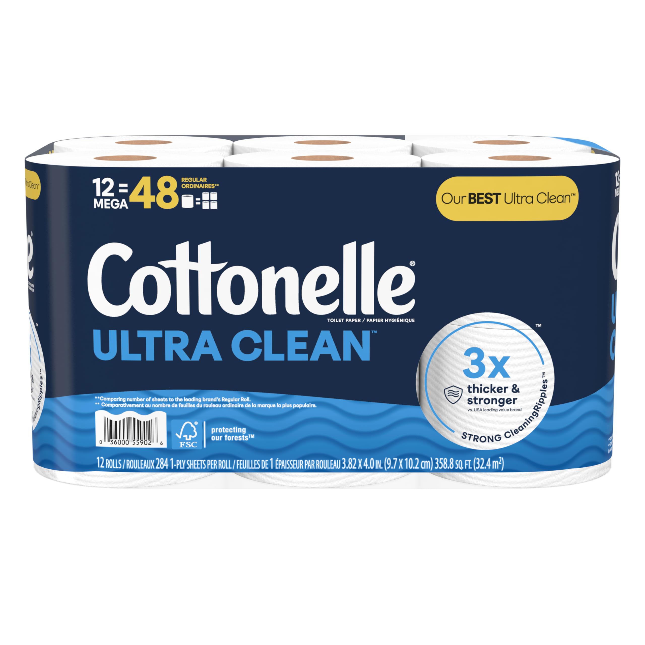 Cottonelle Ultra Clean & Strong Toilet Paper - 12 Mega Rolls (Equivalent to 48 Regular Rolls) | 284 Sheets Per Roll | Soft, Durable & Septic-Safe Bathroom Tissue for Home & Office Use