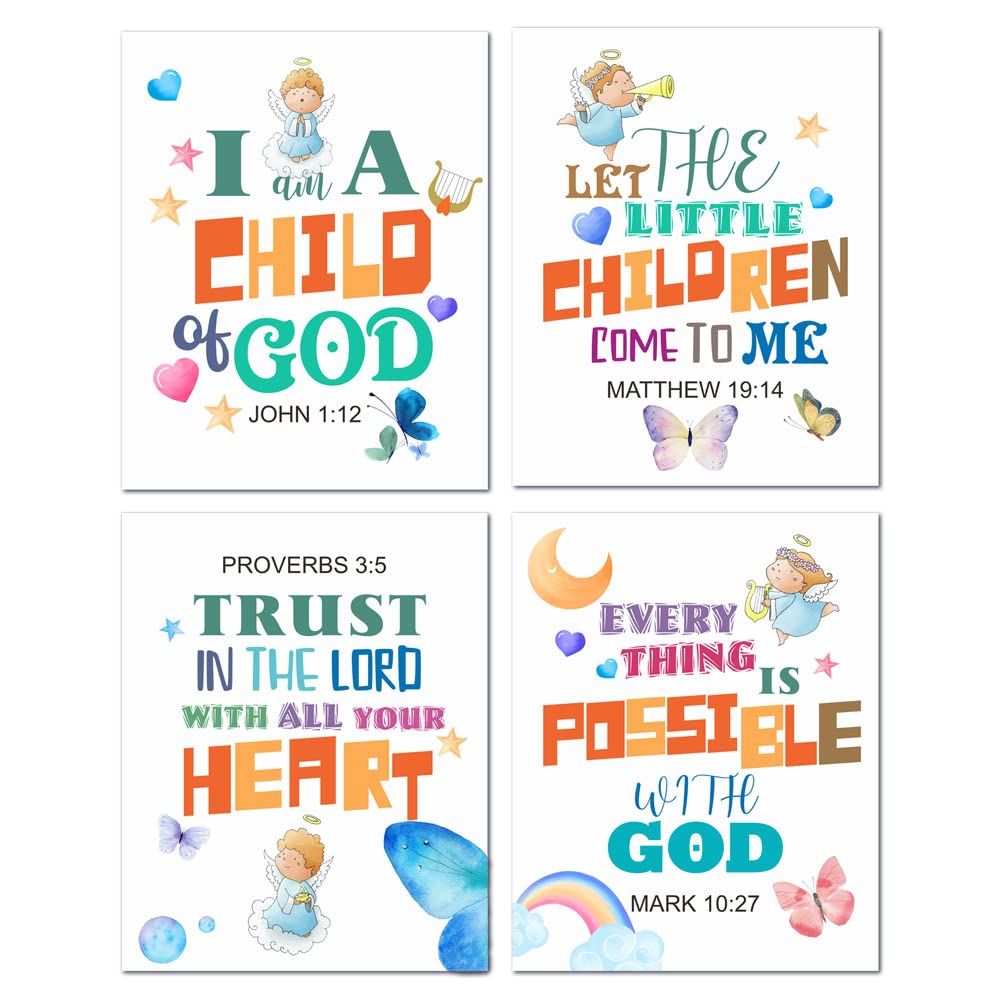Christian Kids Bible Verse Wall Art - Set of 4 Colorful 8x10 Inspirational Scripture Posters for Children's Room Decor | Religious Nursery Wall Prints | Perfect for Sunday School, Bedroom & Playroom Decorations